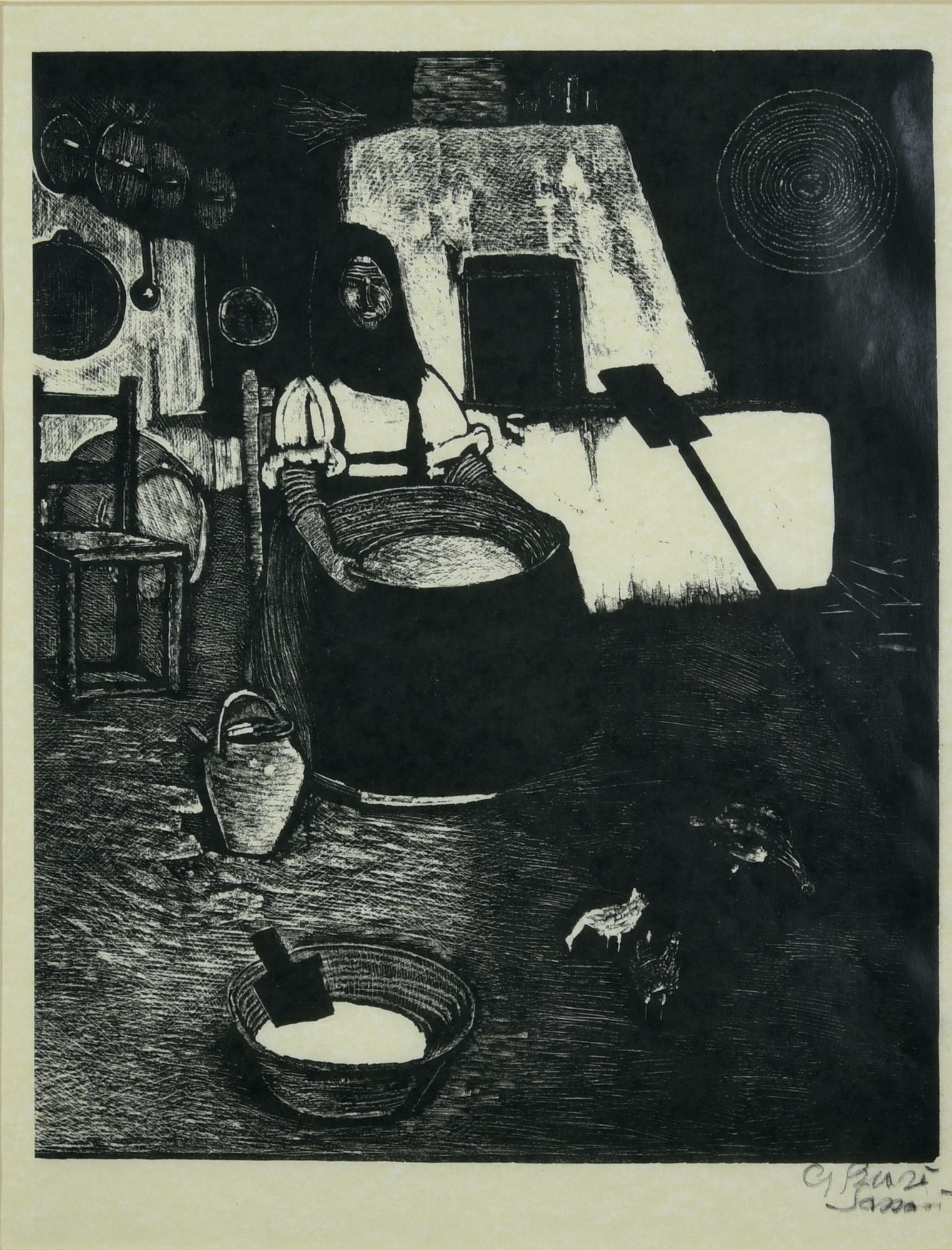 Giuseppe Biasi Da Teulada LA CUCINA, 1934 linoleografia, cm 44x32 firma