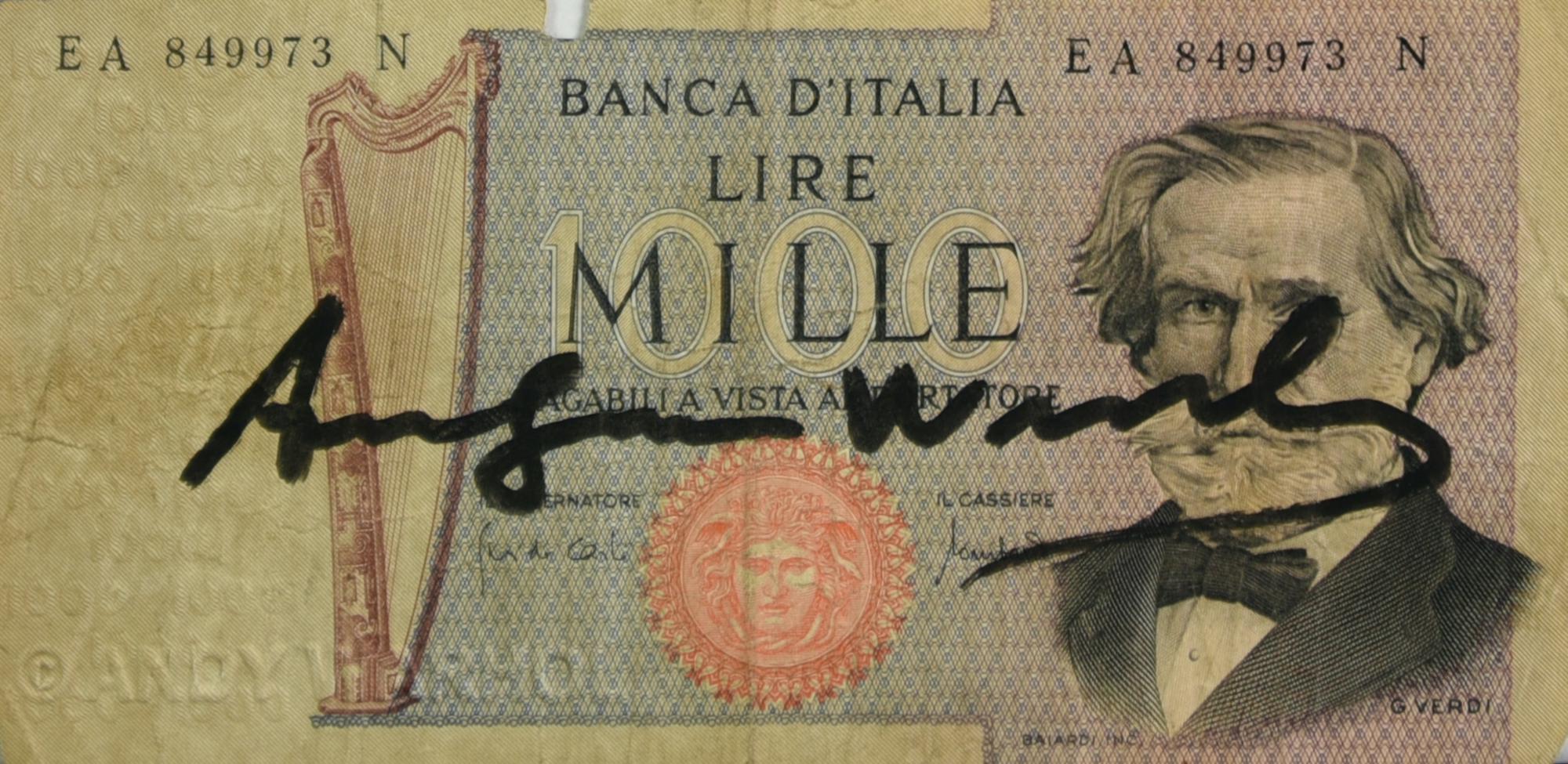 Andy Warhol (1928 - 1987) MILLE LIRE pennafeltro su banconota, cm 6x12,5...