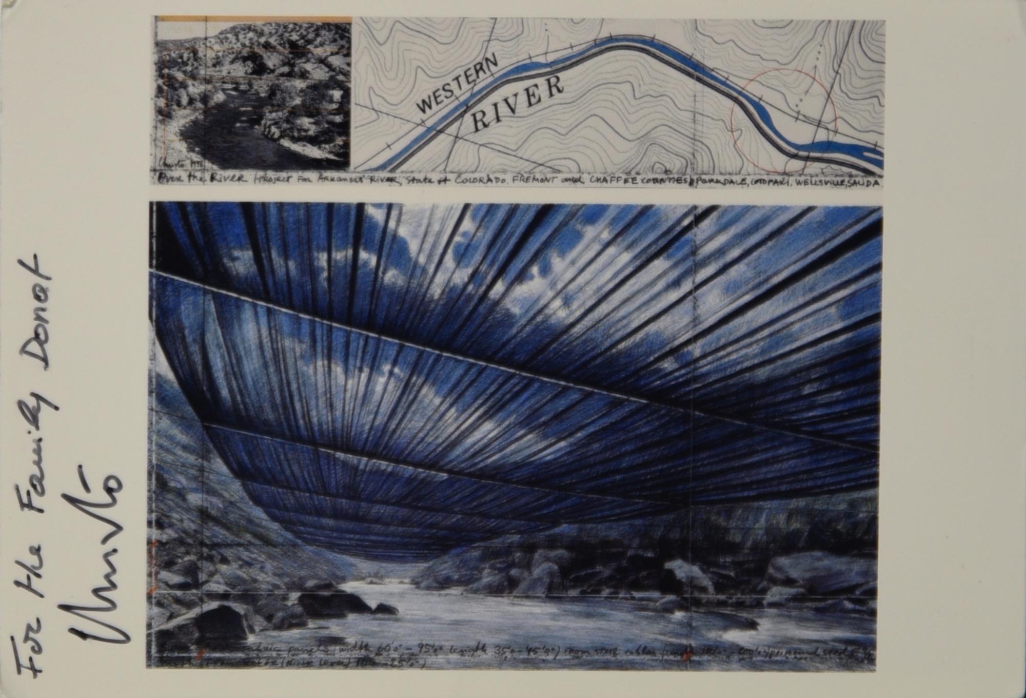 Christo & Jeanne Claude OVER THE RIVER 2000 stampa tipografica, cm 11x16...