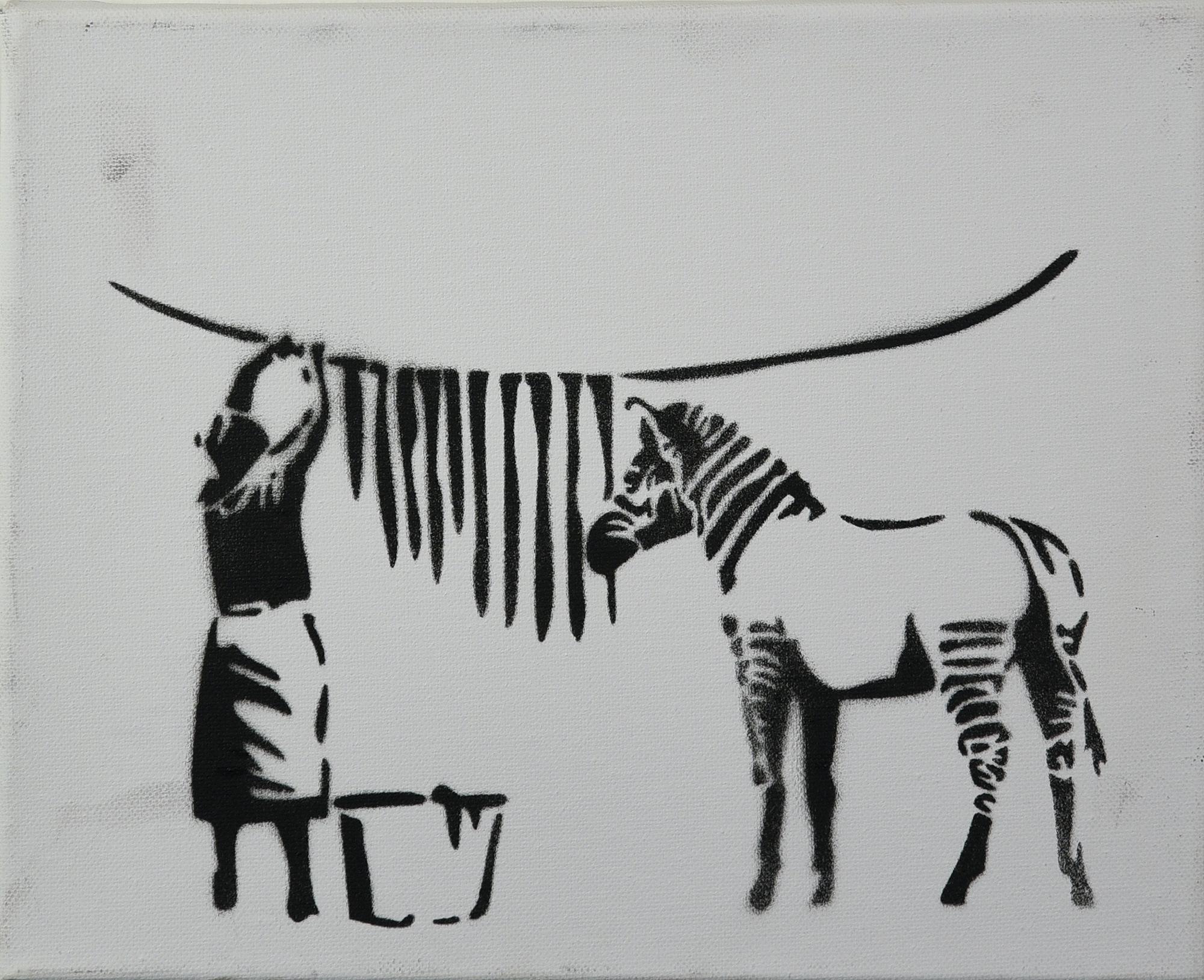Banksy (1974) WASHING ZEBRA spray stencil su tela, cm 25x30; es. 12/15 firma...