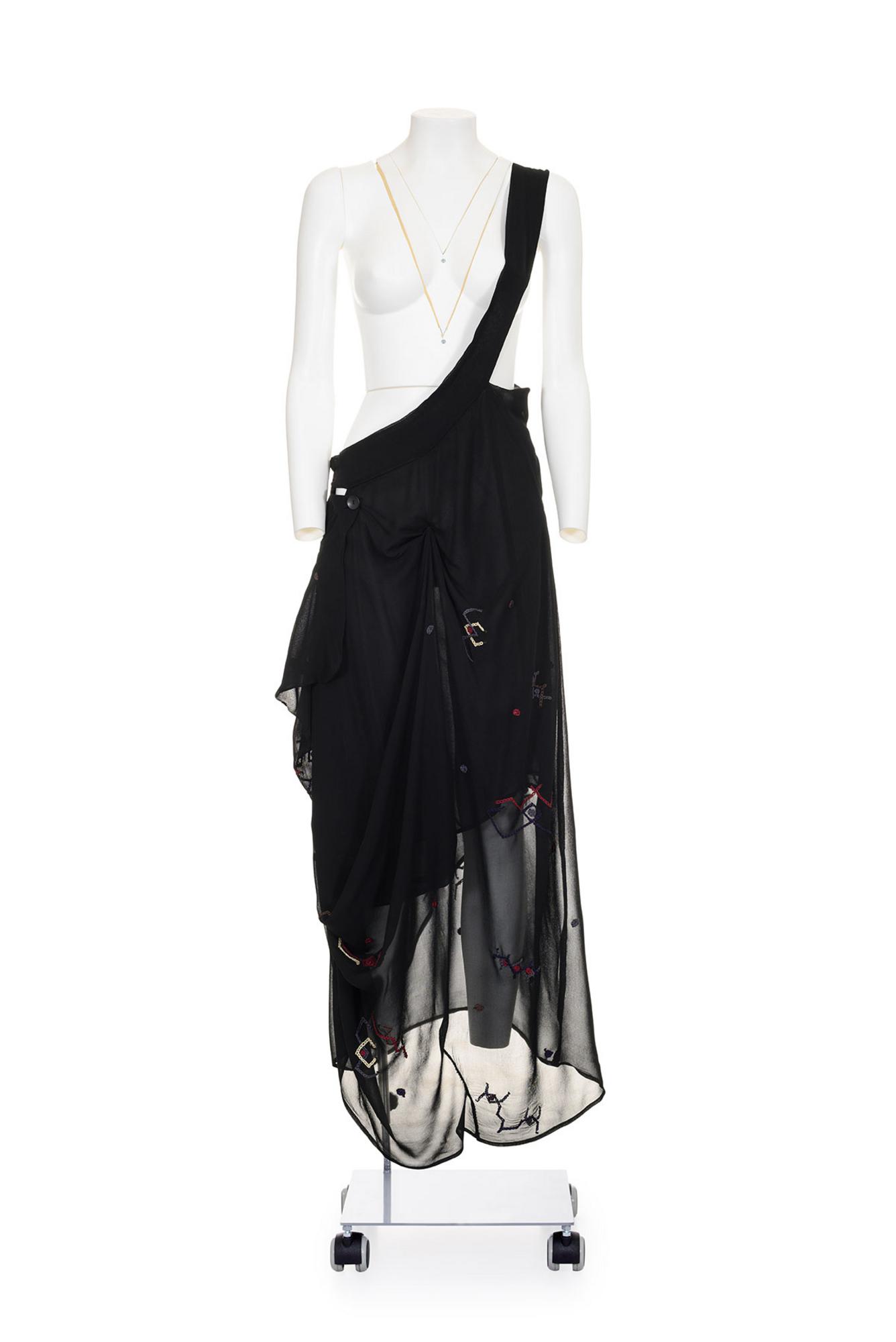 YOHJI YAMAMOTO Draped georgette skirt with multicolor embroideries...