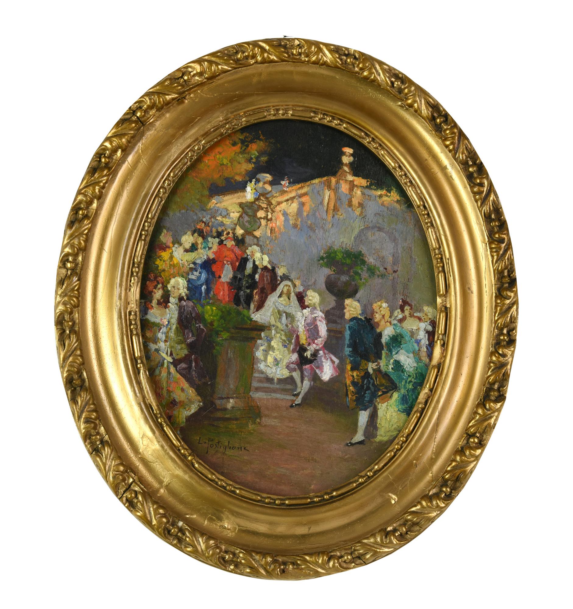 Luca Postiglione (1876 - 1936) RICEVIMENTO olio su tavola, cm 30x24 firma