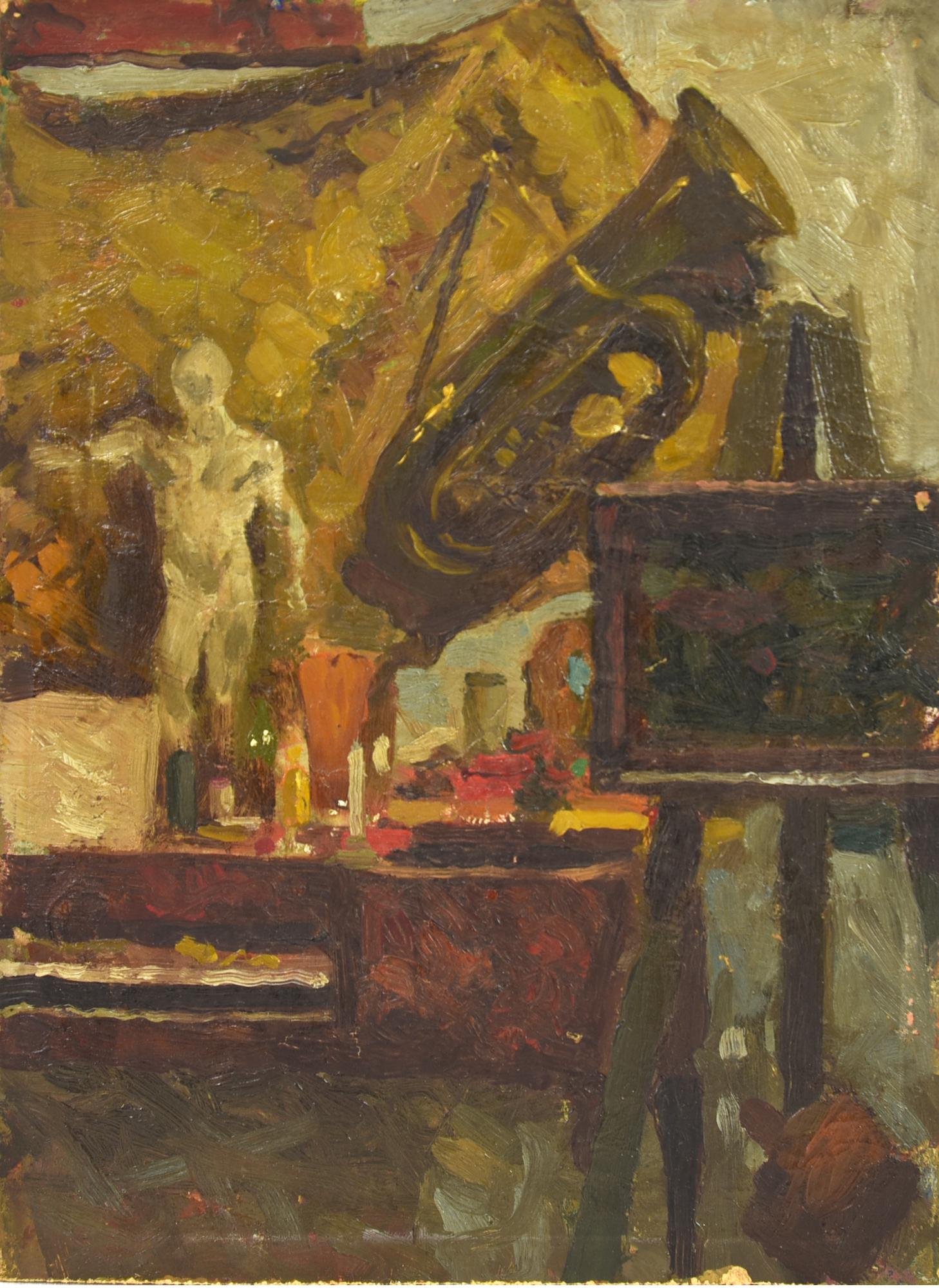 Giovanni Borgonovo (1881 - 1975) L'ATELIER olio su cartone, cm 31x22,5 sul...