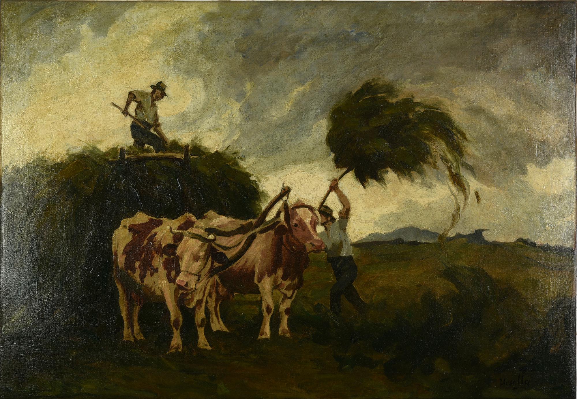 Enrico Ursella (1887 - 1955) TREBBIATURA olio su tela, cm 57x81 firma