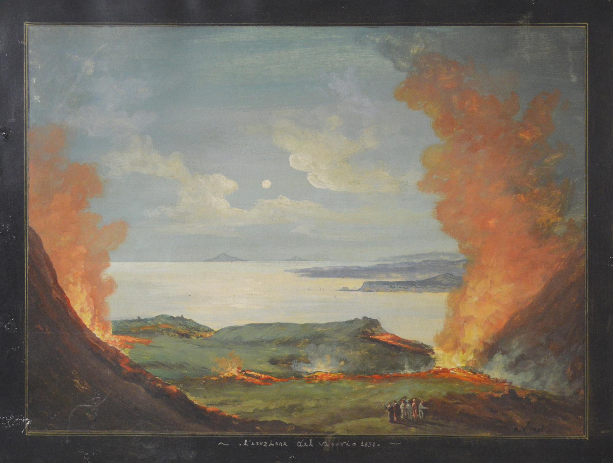 Scuola Napoletana del XIX secolo L'ERUZIONE DEL VESUVIO, 1858 tempera su...