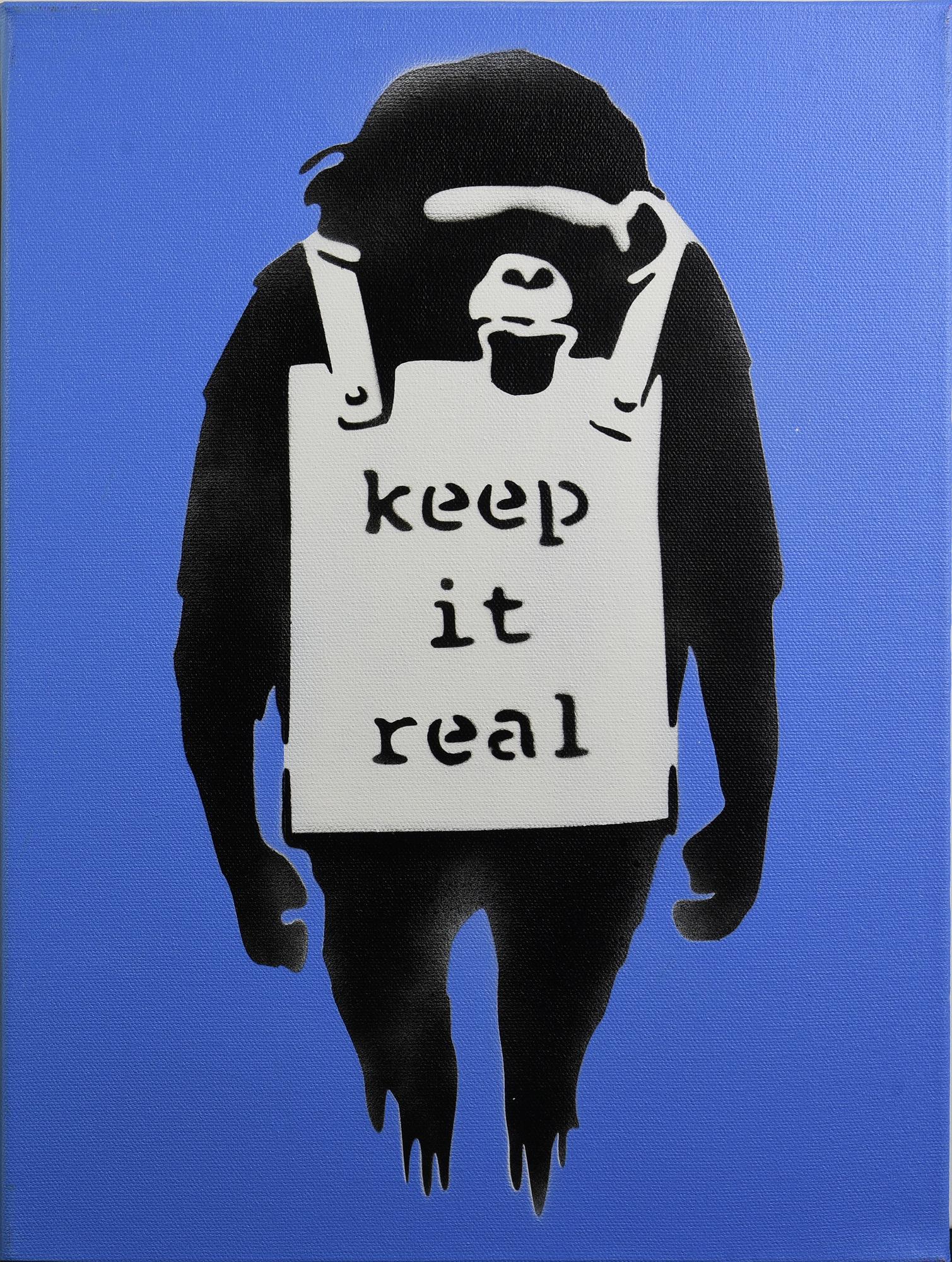 Banksy KEEP IT REAL spray stencil su tela, cm 40x30x4; es. 4/50 firma a...