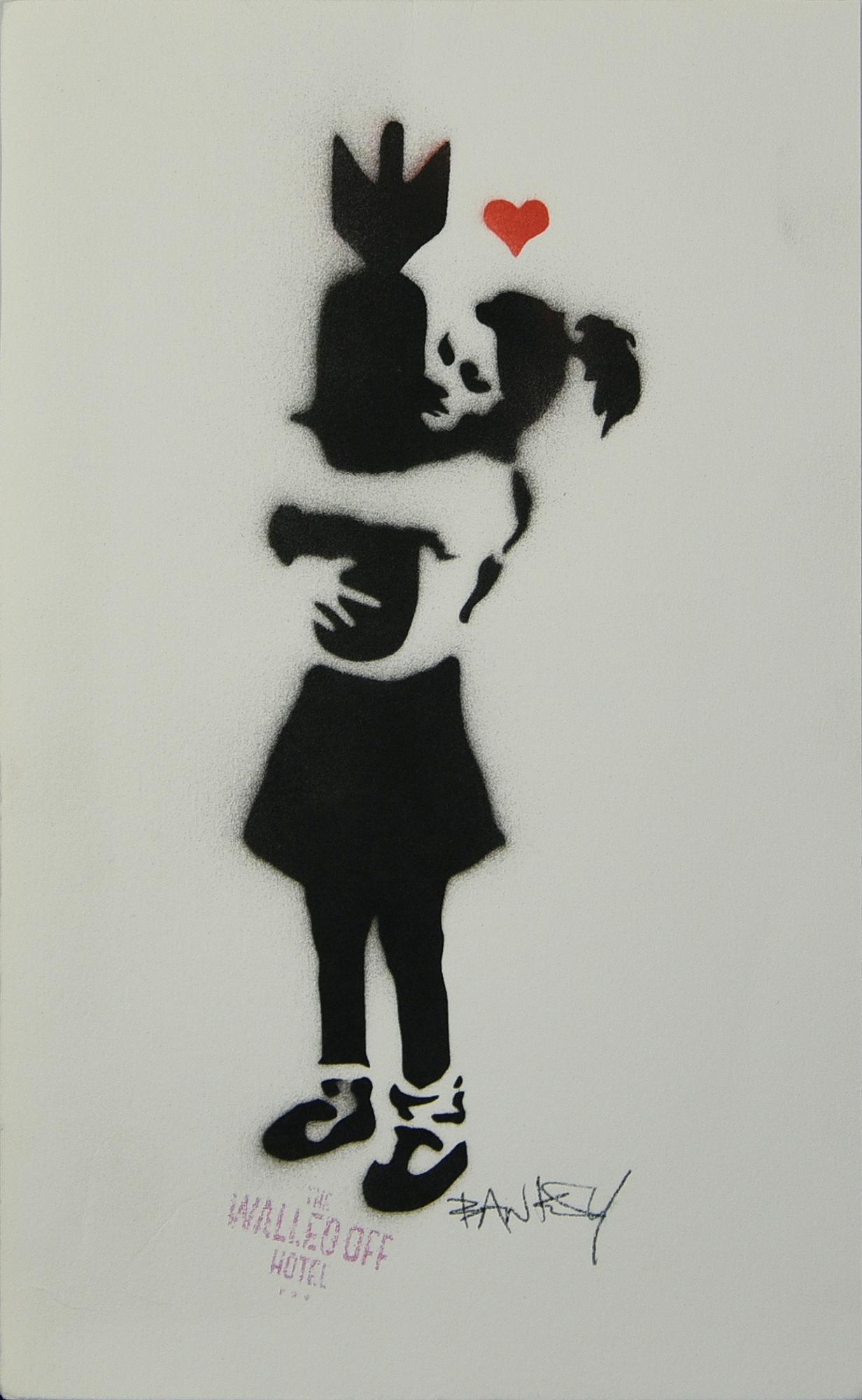 Banksy BOMB HUGGER spray stencil su carta, cm 29x18 firma stampata e timbro...