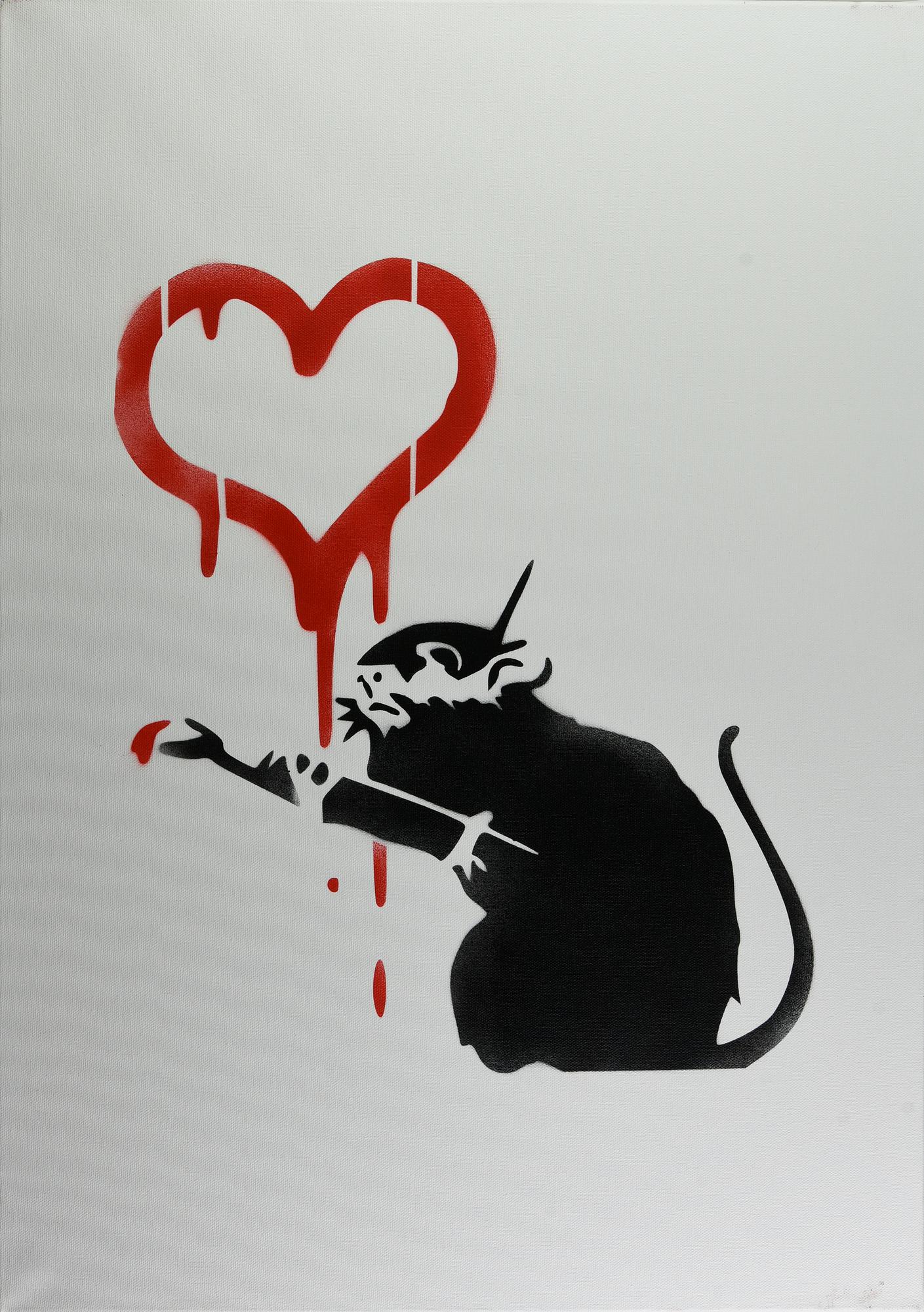 Banksy LOVE RAT spray stencil su tela, cm 70x50x4; es. 8/50 firma a stencil...