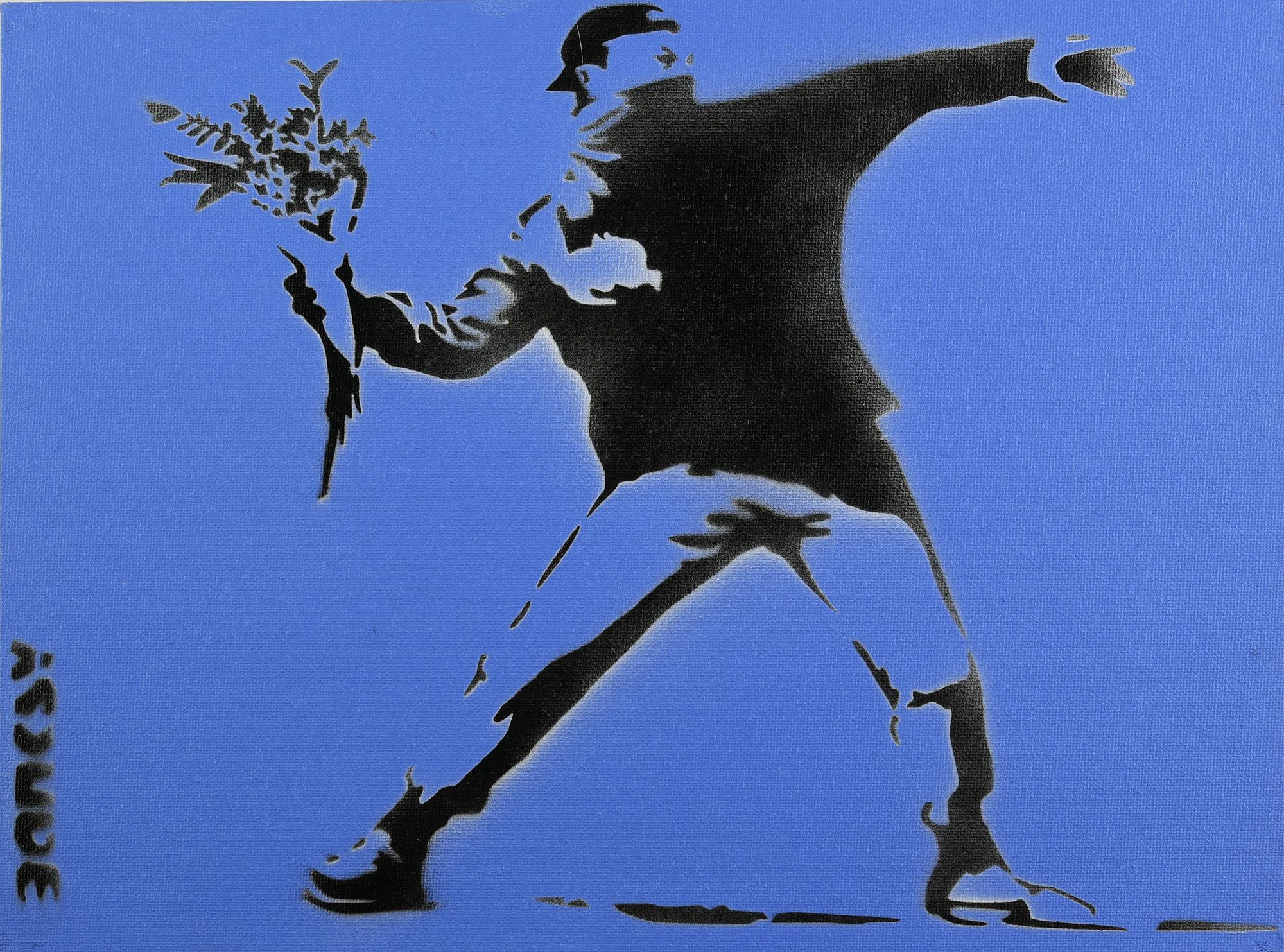 Banksy FLOWER THROWER spray stencil graffiti su cartone telato, cm 27x35; es....