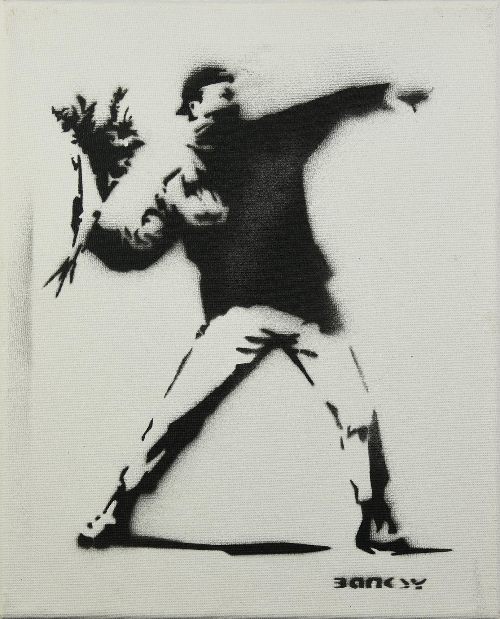 Banksy FLOWER THROWER spray stencil su tela, cm 30x24; es. 3/15 firma a...