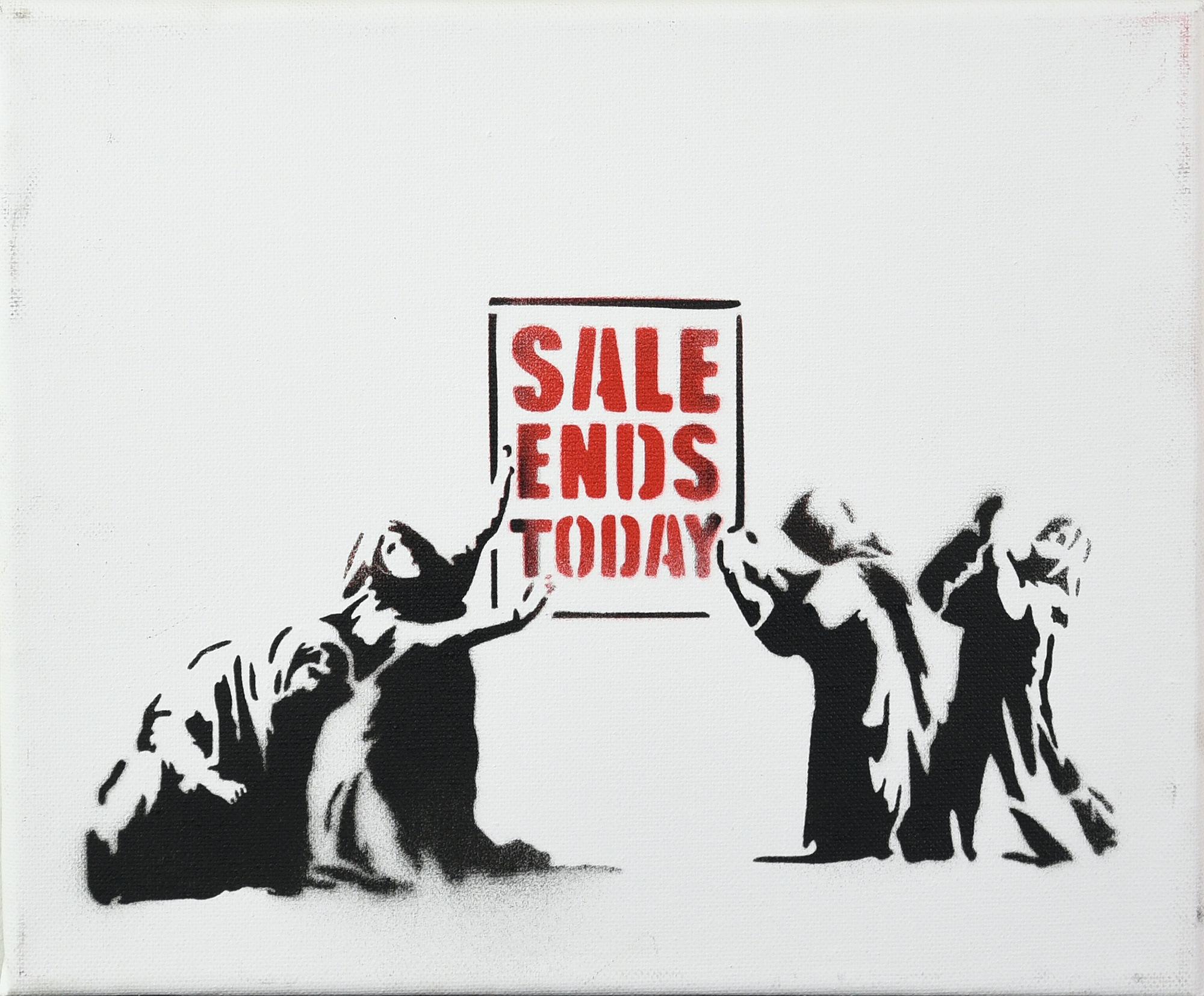 Banksy SALE ENDS spray stencil su tela, cm 25x30; es. 14/15 firma a stencil...