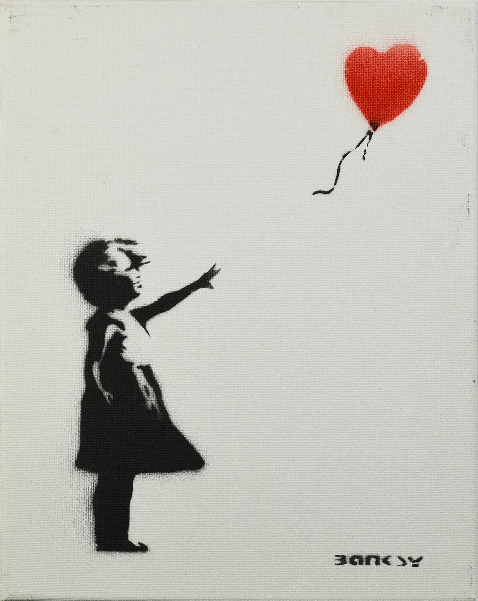 Banksy GIRL WITH BALLOON spray stencil su tela, cm 30x24; es. 6/15 firma a...