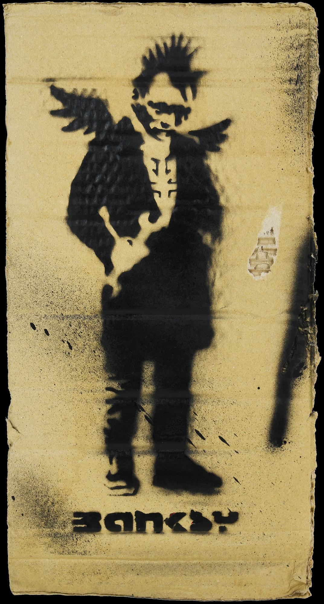 Banksy UNTITLED, 2015 spray stencil graffiti su cartone, cm 37x19 sul retro:...