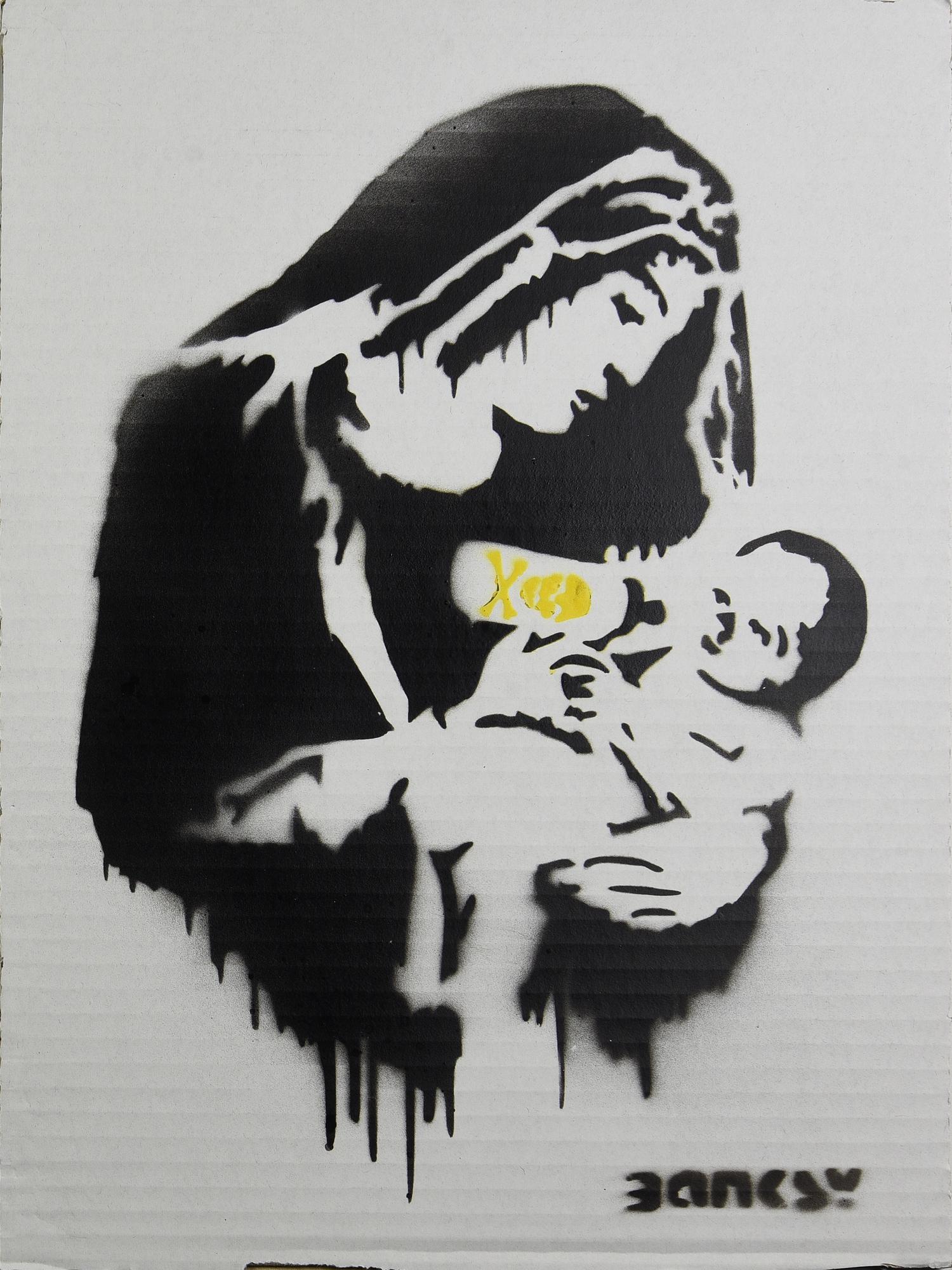 Banksy TOXIC MARY spray stencil graffiti su cartone, cm 40x30; es. 29/50...