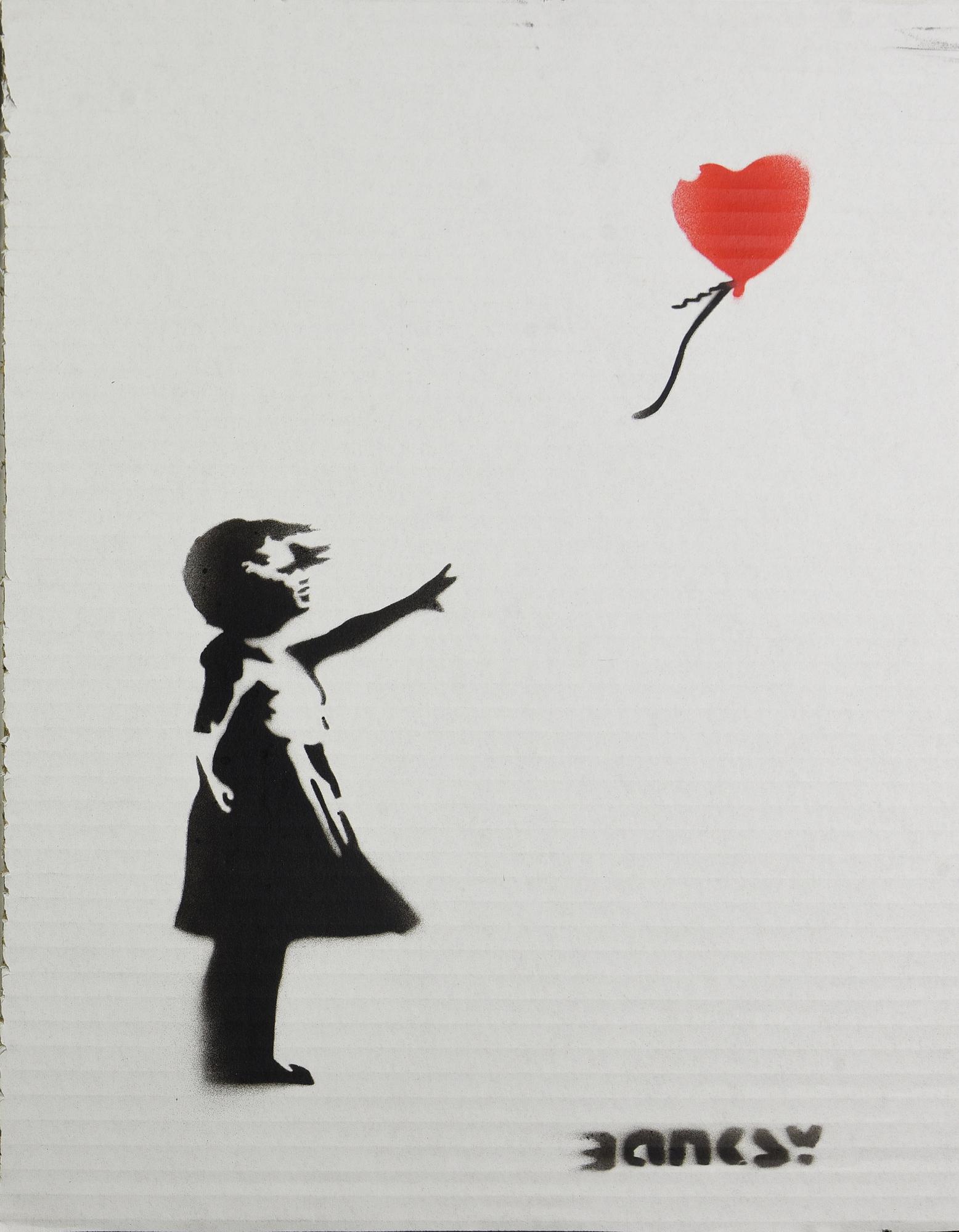 Banksy BALLOON GIRL spray stencil graffiti su cartone, cm 40x30; es. 3/50...