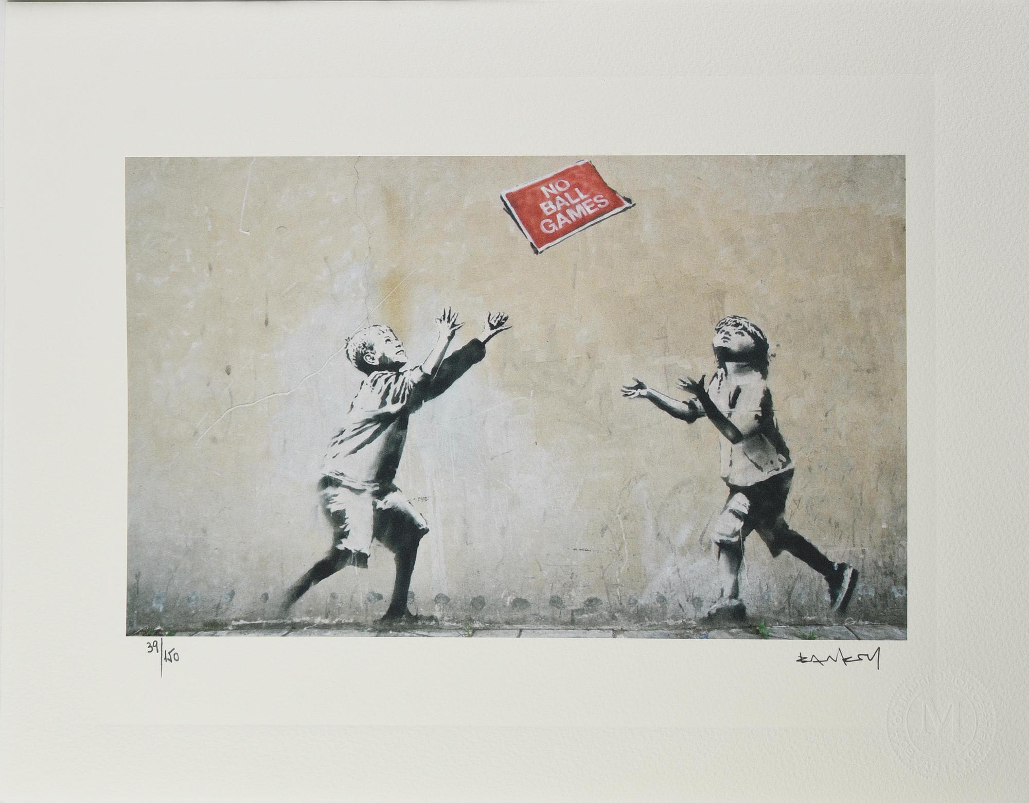 Da Banksy NO BALL GAMES eliografia su carta, cm 28,5x38,5; es. 39/150 firma...
