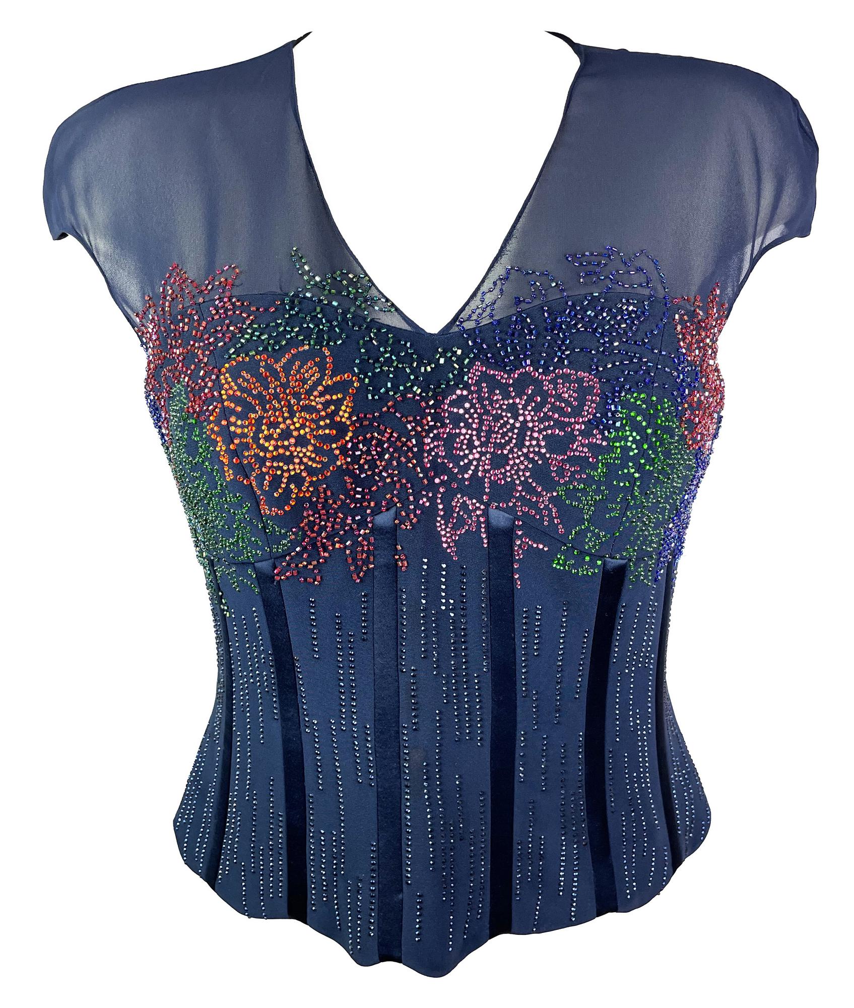 MUSANI BONED TOP Description: Navy blue boned top decorated with multicolored...