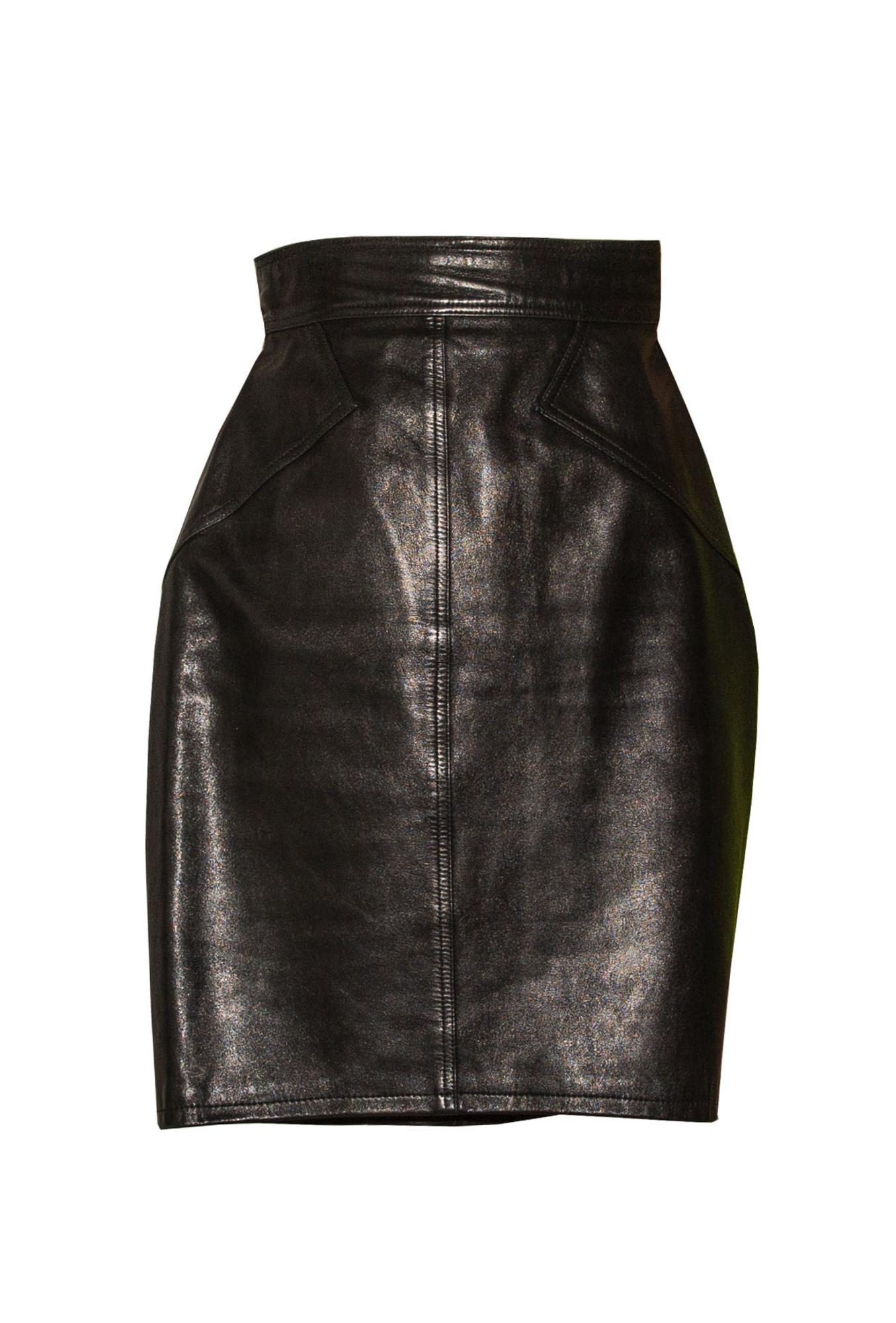 Alaia LEATHER SKIRT Description: Black leather lined top stitched skirt. Zip...
