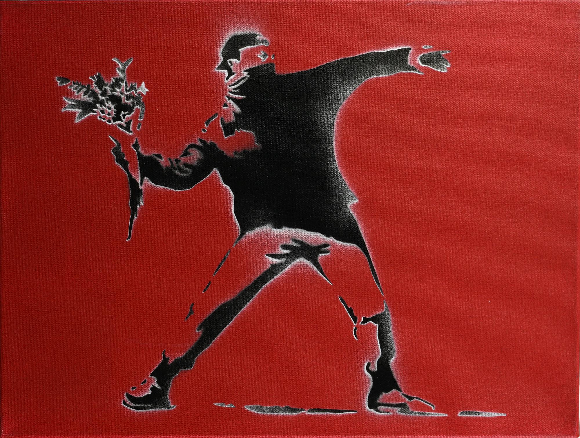 Banksy FLOWER THROWER spray stencil su tela, cm 30x40x4; es. 16/20 firma a...