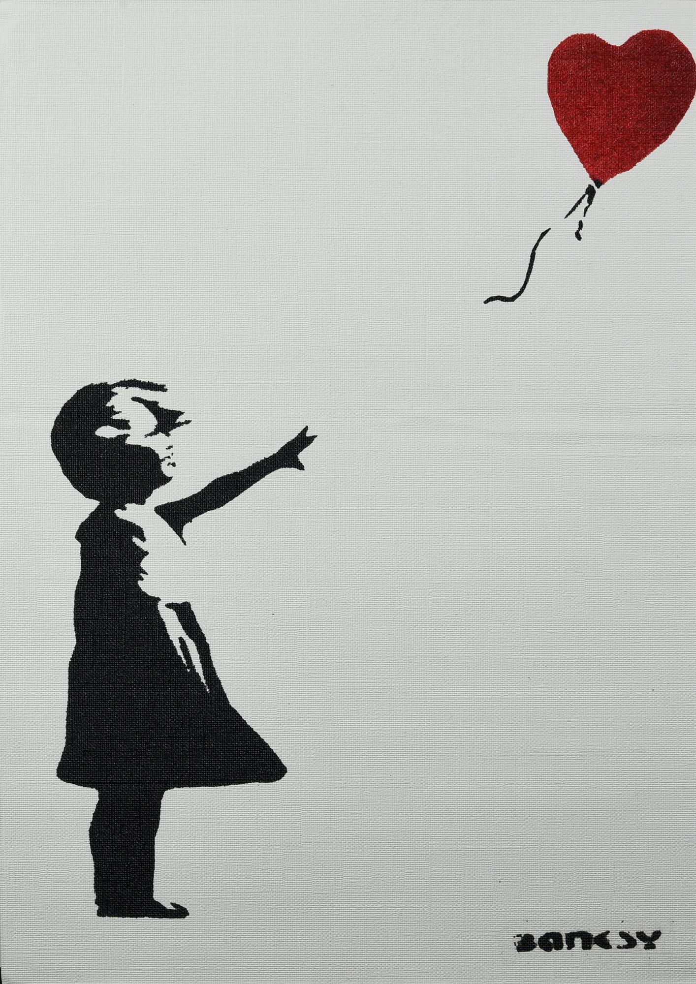 Banksy GIRL WITH BALLOON, 2015 spray stencil su cartone intelato, cm 42x30;...
