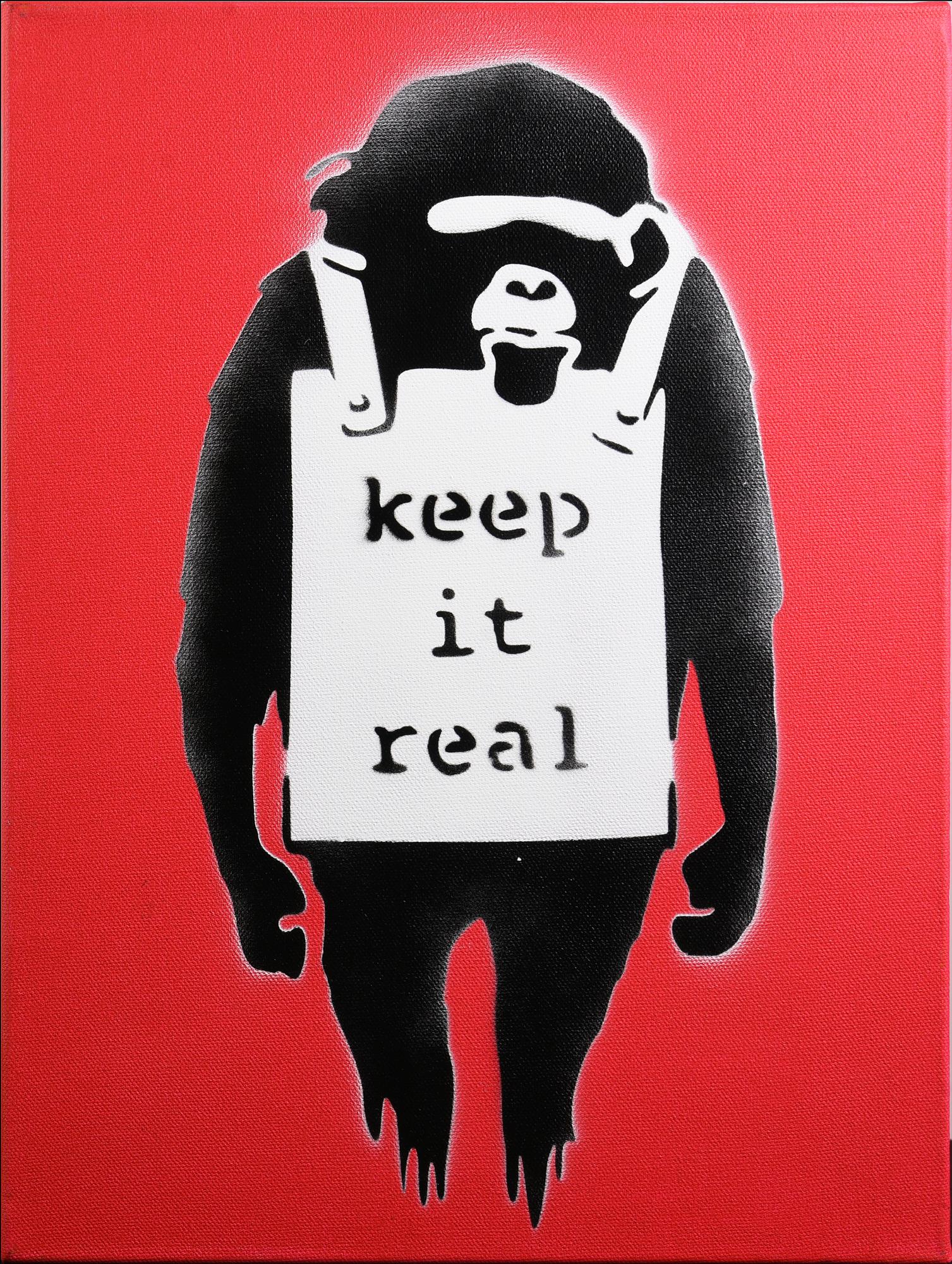 Banksy KEEP IT REAL spray stencil su tela, cm 40x30x4; es. 15/50 firma a...