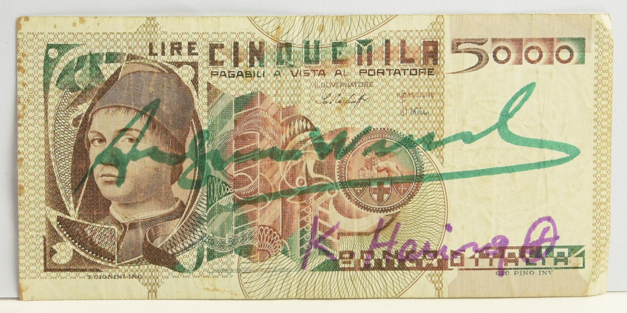 Andy Warhol CINQUEMILA LIRE pennafeltro su banconota, cm 6x12,5 firma, firma...