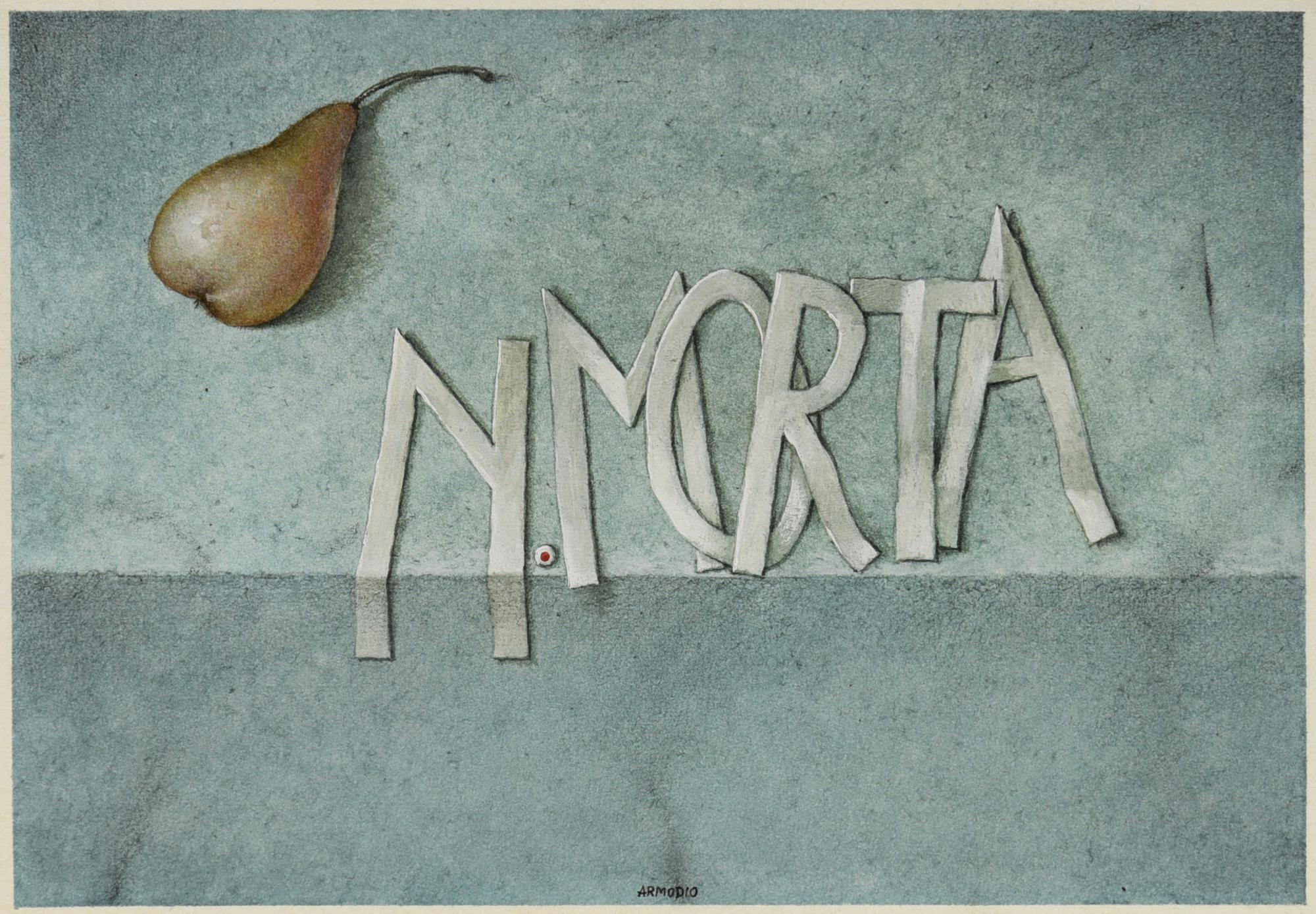 Armodio (1938) PERA CON NATURA MORTA, 1984 tempera su carta, cm 17,5x25 firma...