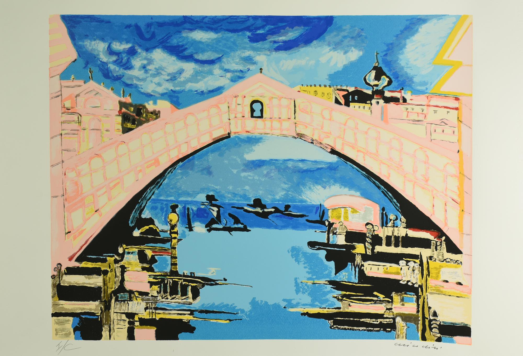 Remo Brindisi (1918 - 1996) VENEZIA, PONTE DI RIALTO serigrafia, cm 50x70;...