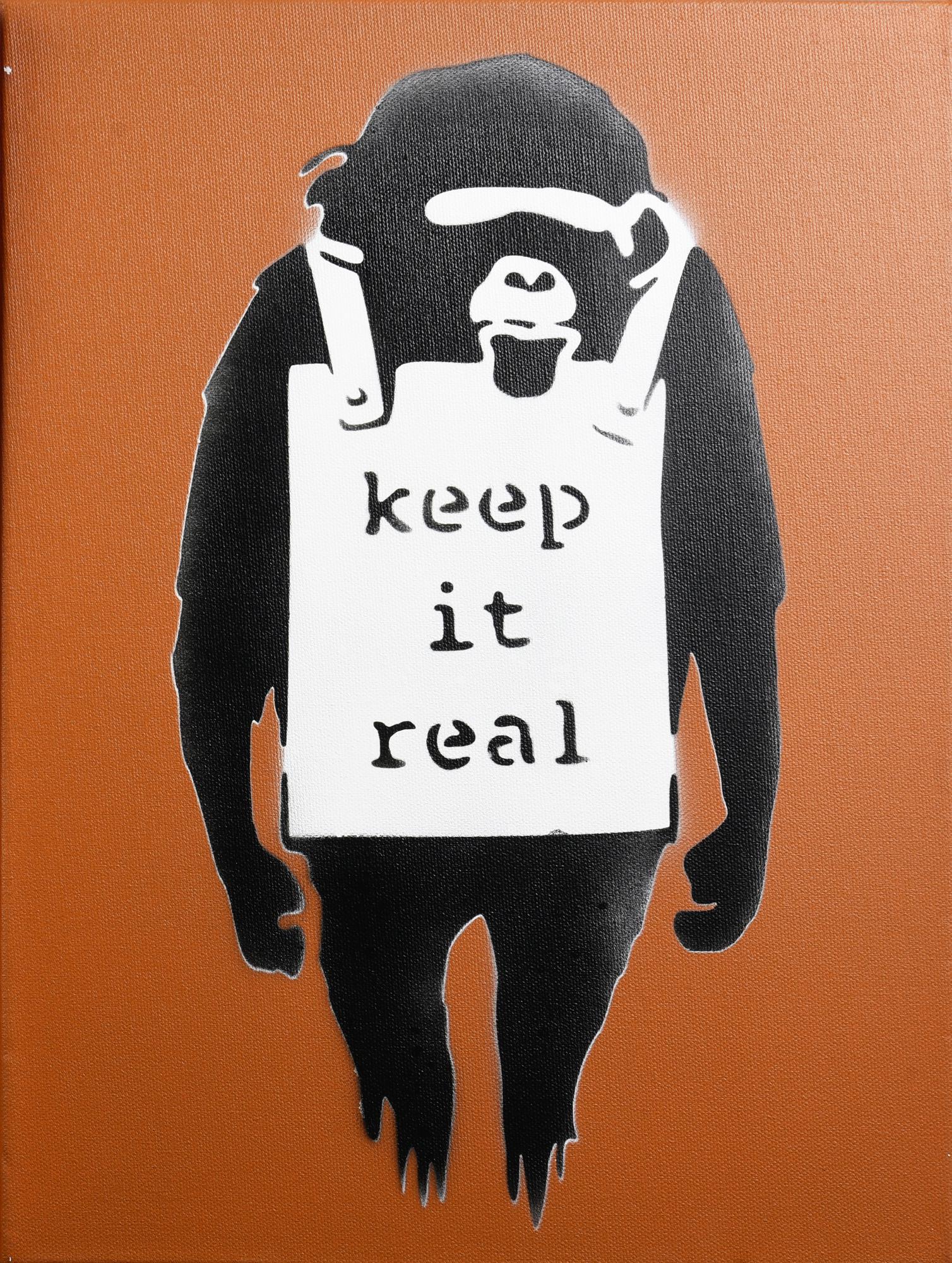 Banksy KEEP IT REAL spray stencil su tela, cm 40x30x4; es. 1/50 firma a...