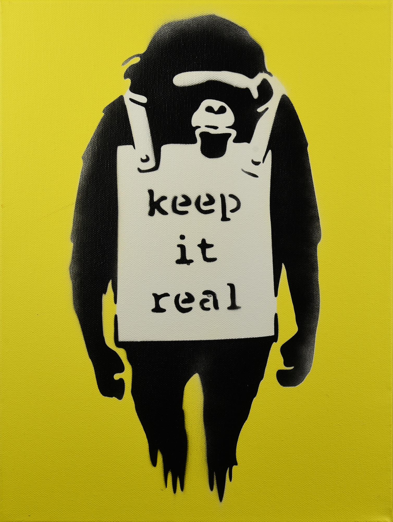 Banksy KEEP IT REAL spray stencil su tela, cm 40x30x4; es. 10/50 firma a...