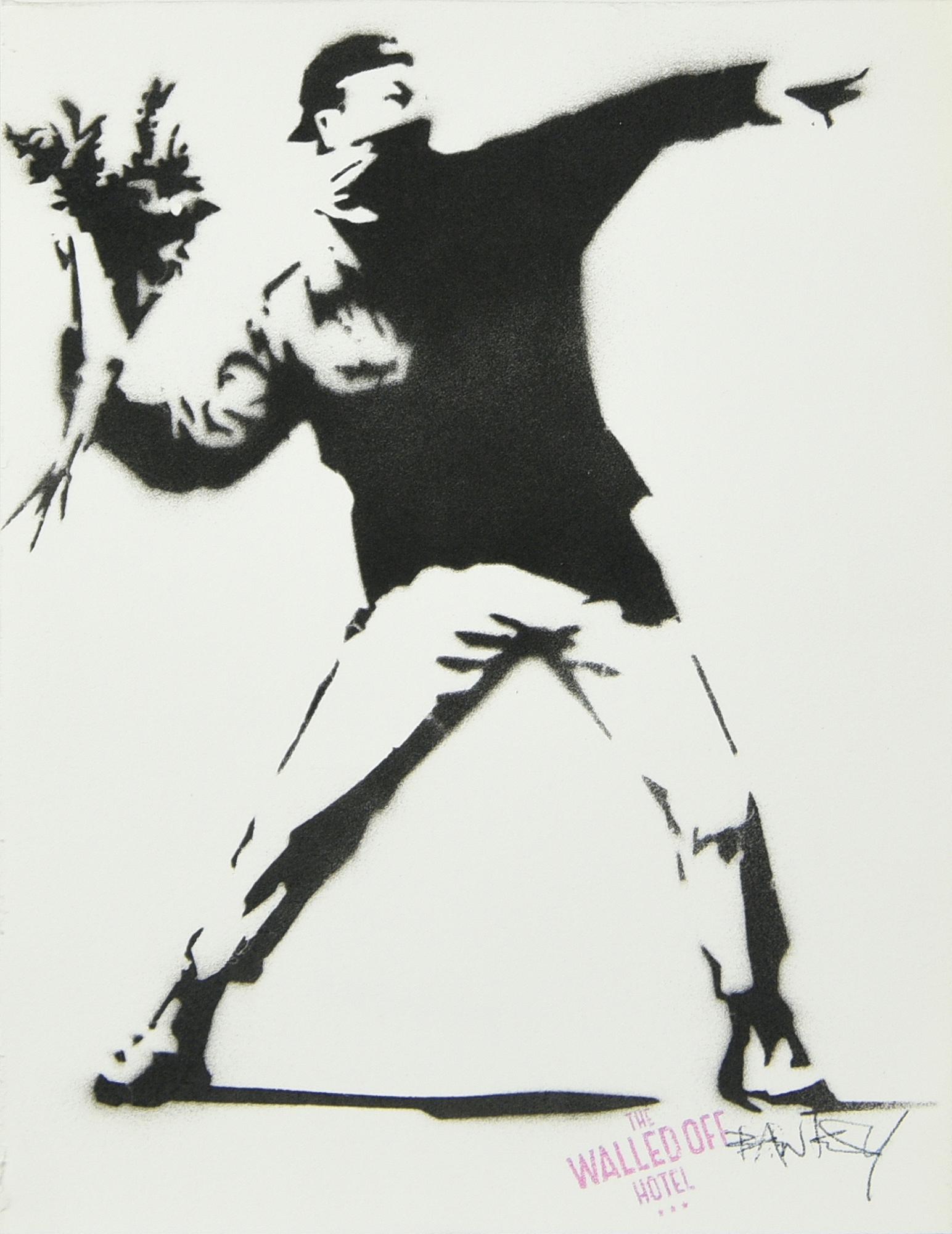 Banksy FLOWER TROWER spray stencil su carta, cm 29x18 firma stampata e timbro...