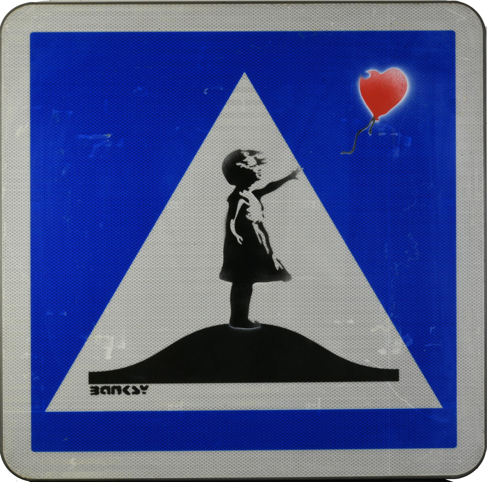 Da Banksy BALLON GIRL stencil print su cartello stradale, cm 71x71x3 firma in...