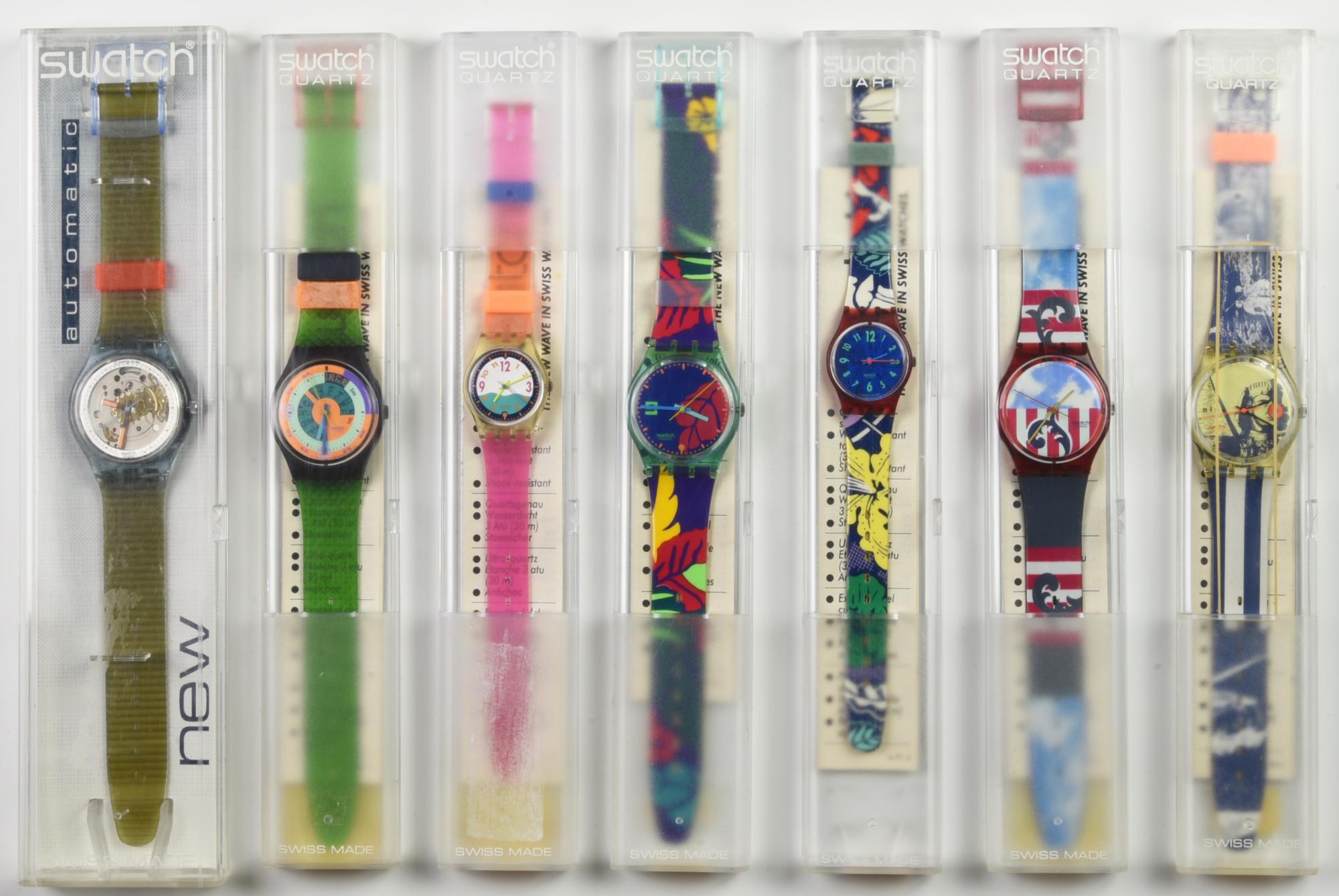 LOTTO DI SETTE SWATCH, 1991 composto da: -SWATCH AUTOMATICO, mod. BLUE MATIC,...