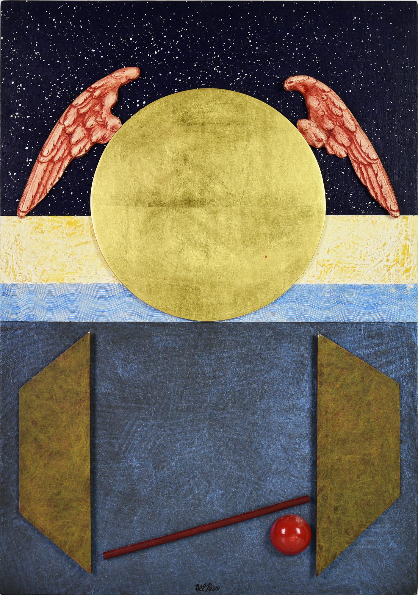 Lucio Del Pezzo (1933 - 2020) ESOTERICO collage su tavola, cm 65x45 firma sul...