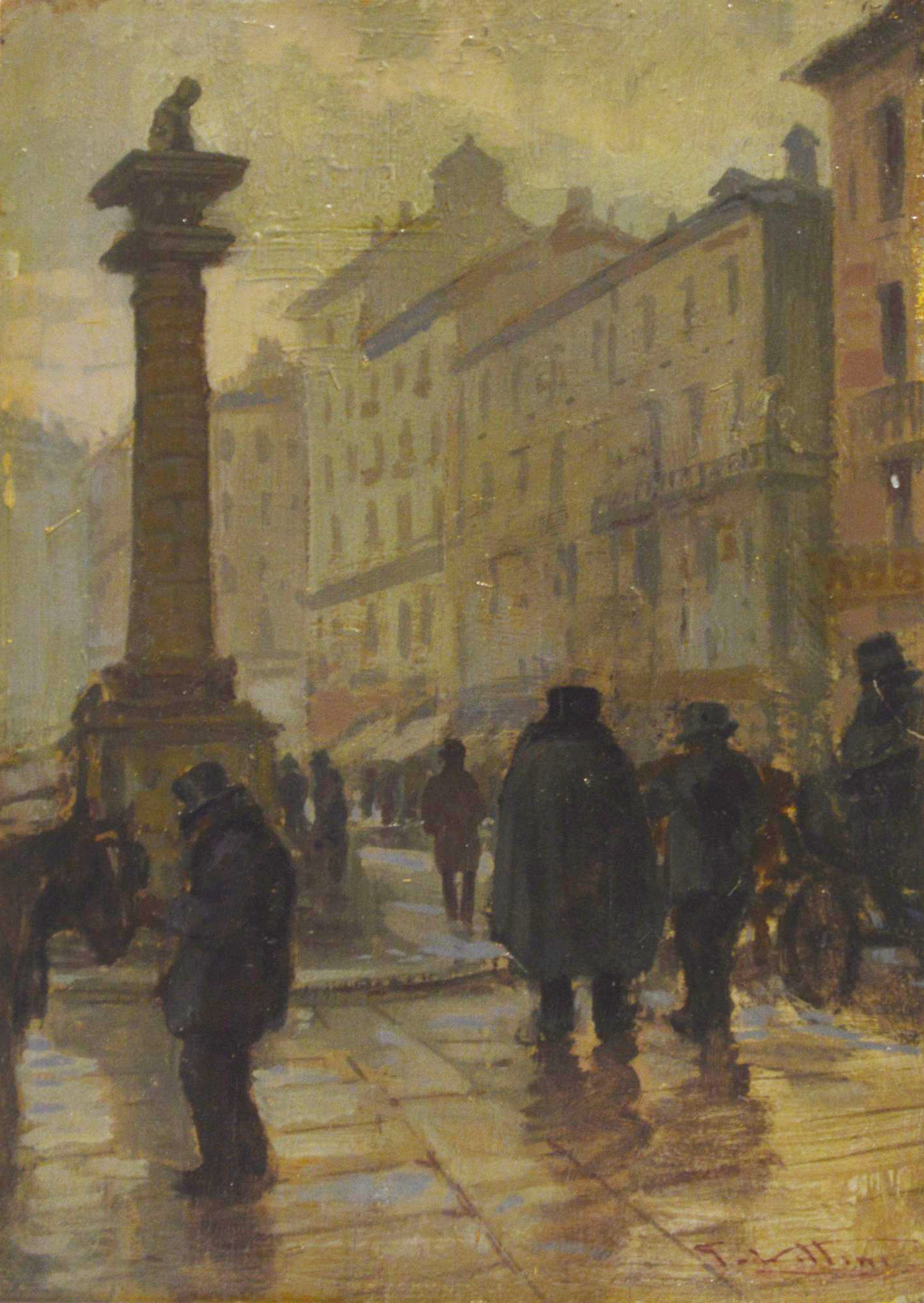 Giulio Vittini PIAZZA SAN BABILA olio su tavola, cm 25x18 firma sul retro:...