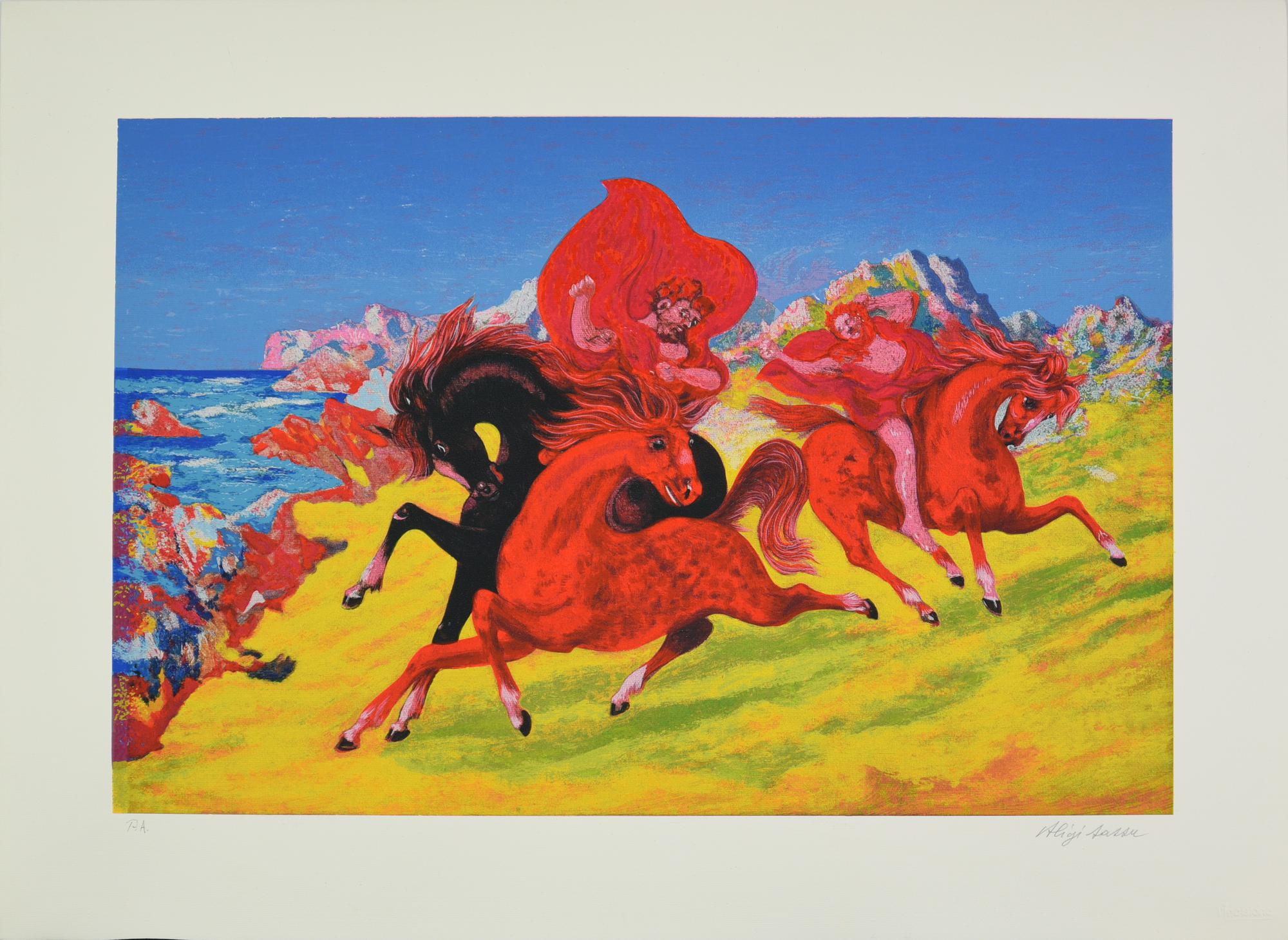 Aligi Sassu ERCOLE E LE CAVALLE DI DIOMEDE, 1997 serigrafia, cm 59,5x79,5;...