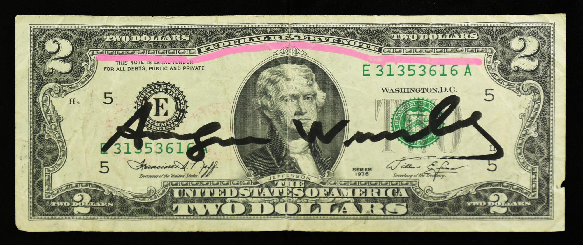 Andy Warhol TWO DOLLARS (Thomas Jefferson) pennafeltro su banconota, cm...