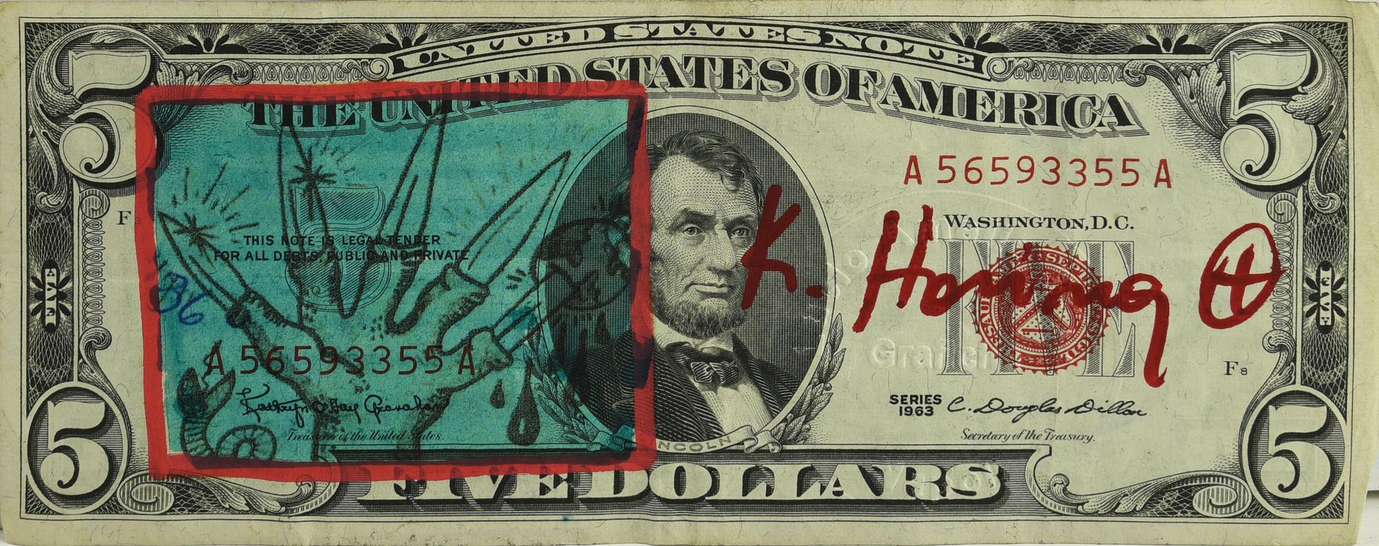 Keith Haring FIVE DOLLARS intervento su banconota, cm 6,6x15,6 firma sul...
