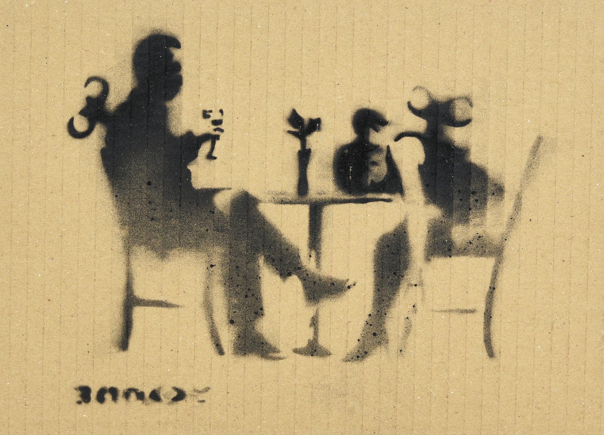 Banksy COUPLE, 2015 spray stencil su cartone, cm 21x29; es. 21/50 sul retro:...