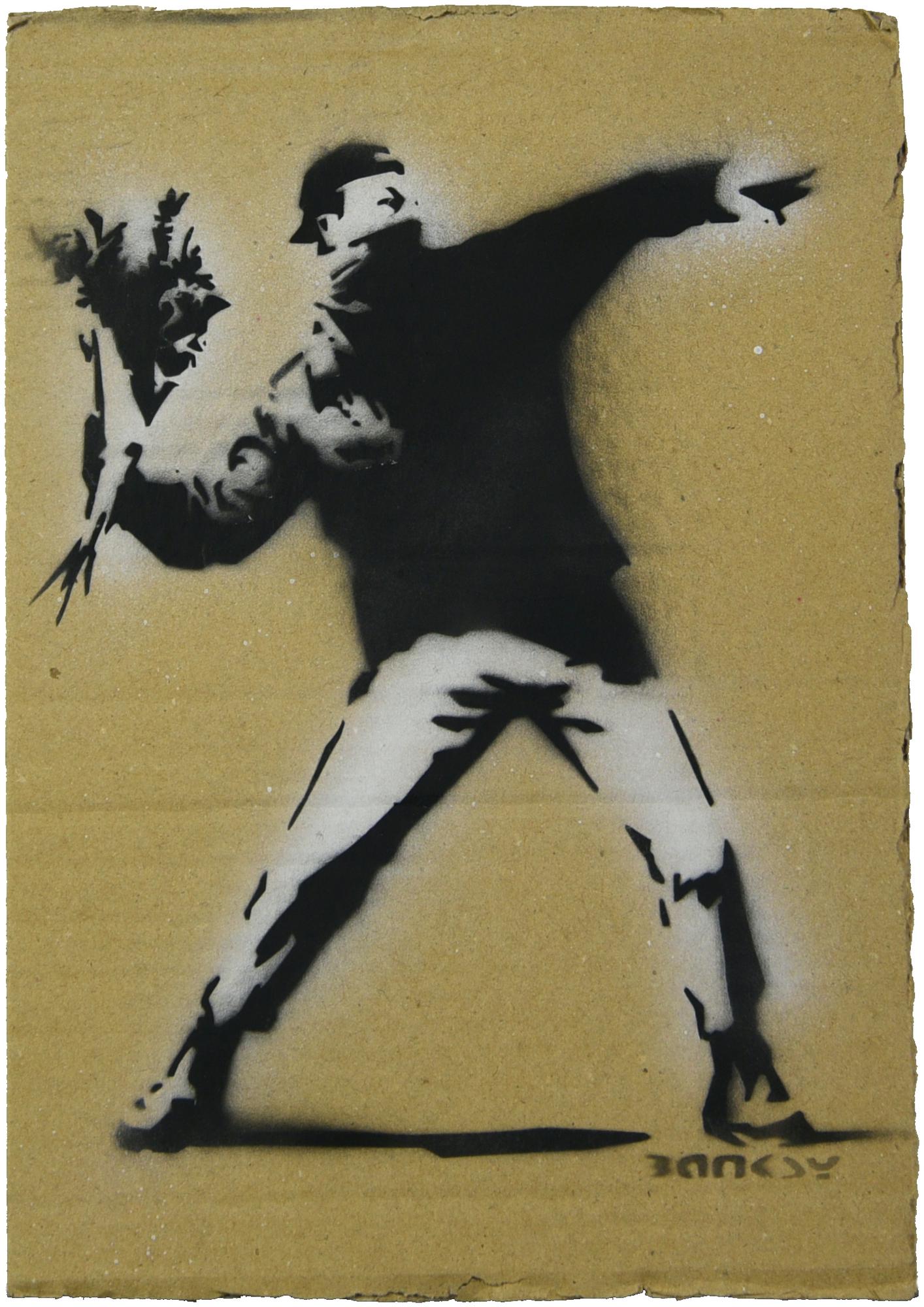 Banksy FLOWER THROWER, 2015 spray stencil su cartone, cm 30x20,5; es. 11/50...
