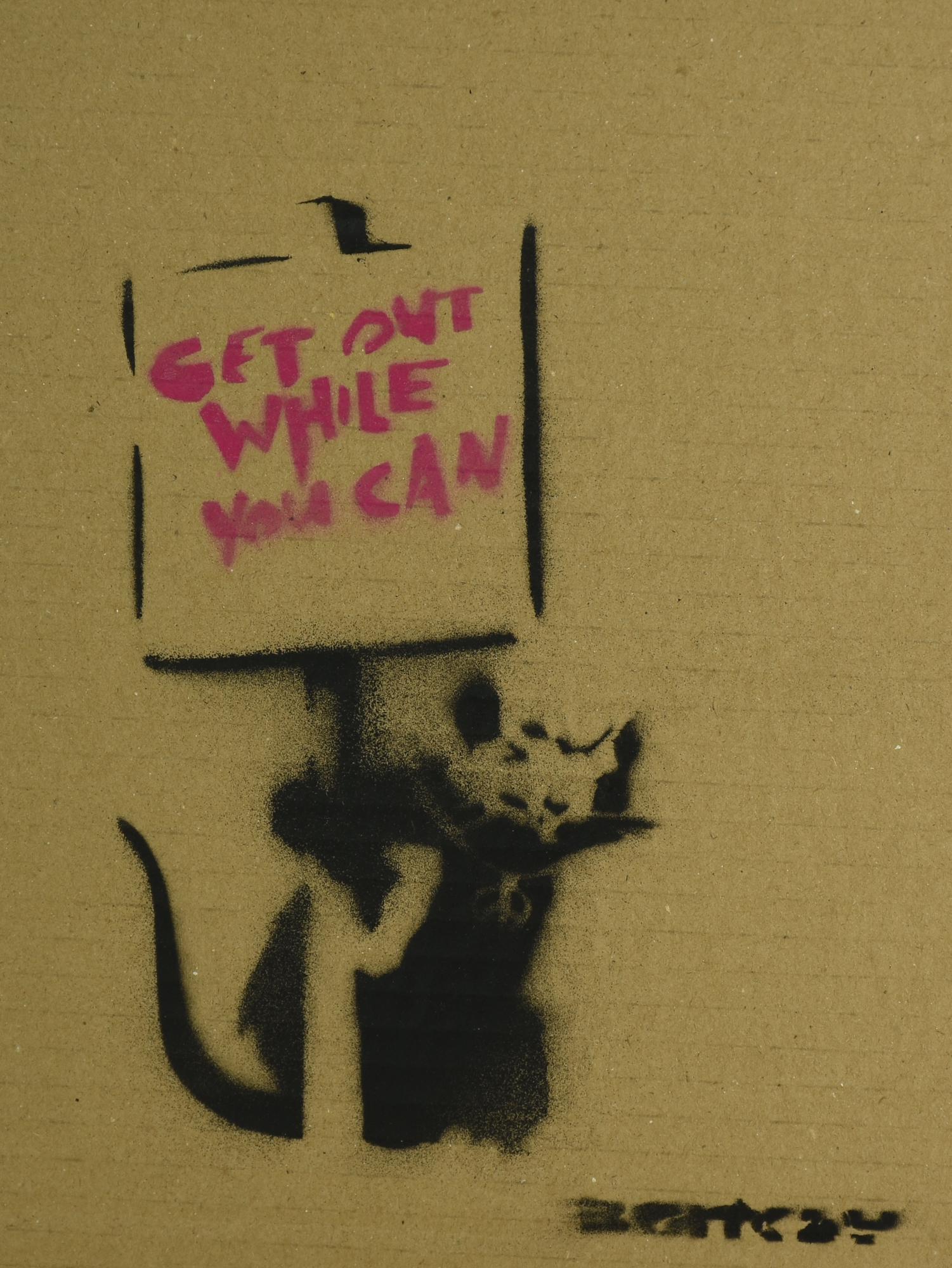 Banksy GET OUT WHILE YOU CAN spray stencil su cartone, cm 28x21; es. 7/11 sul...