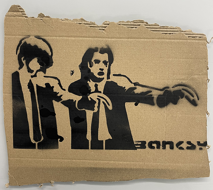 Banksy SENZA TITOLO, 2015 sprayed stencil su cartone, cm 23x28 firma a...