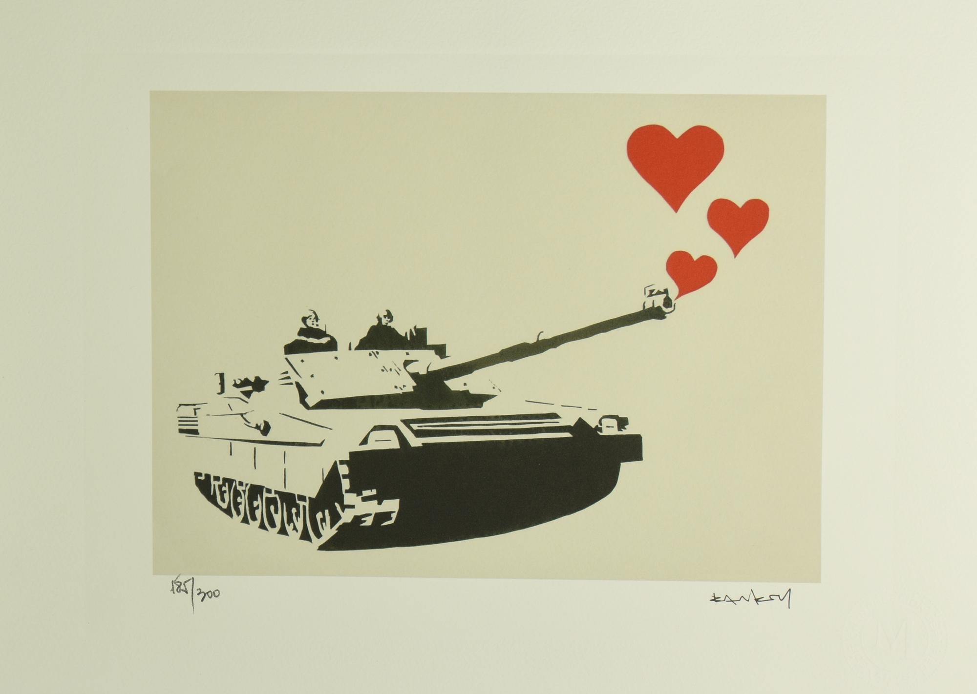Da Banksy TANK OF LOVE eliografia su carta Arches, cm 28,5x38,5; es. 185/300...