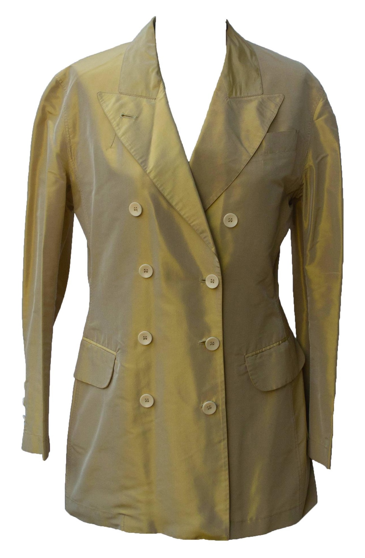 Paul Gaultier TAFFETA' DB JACKET DESCRIPTION: Iridescent silk yellow/grey...