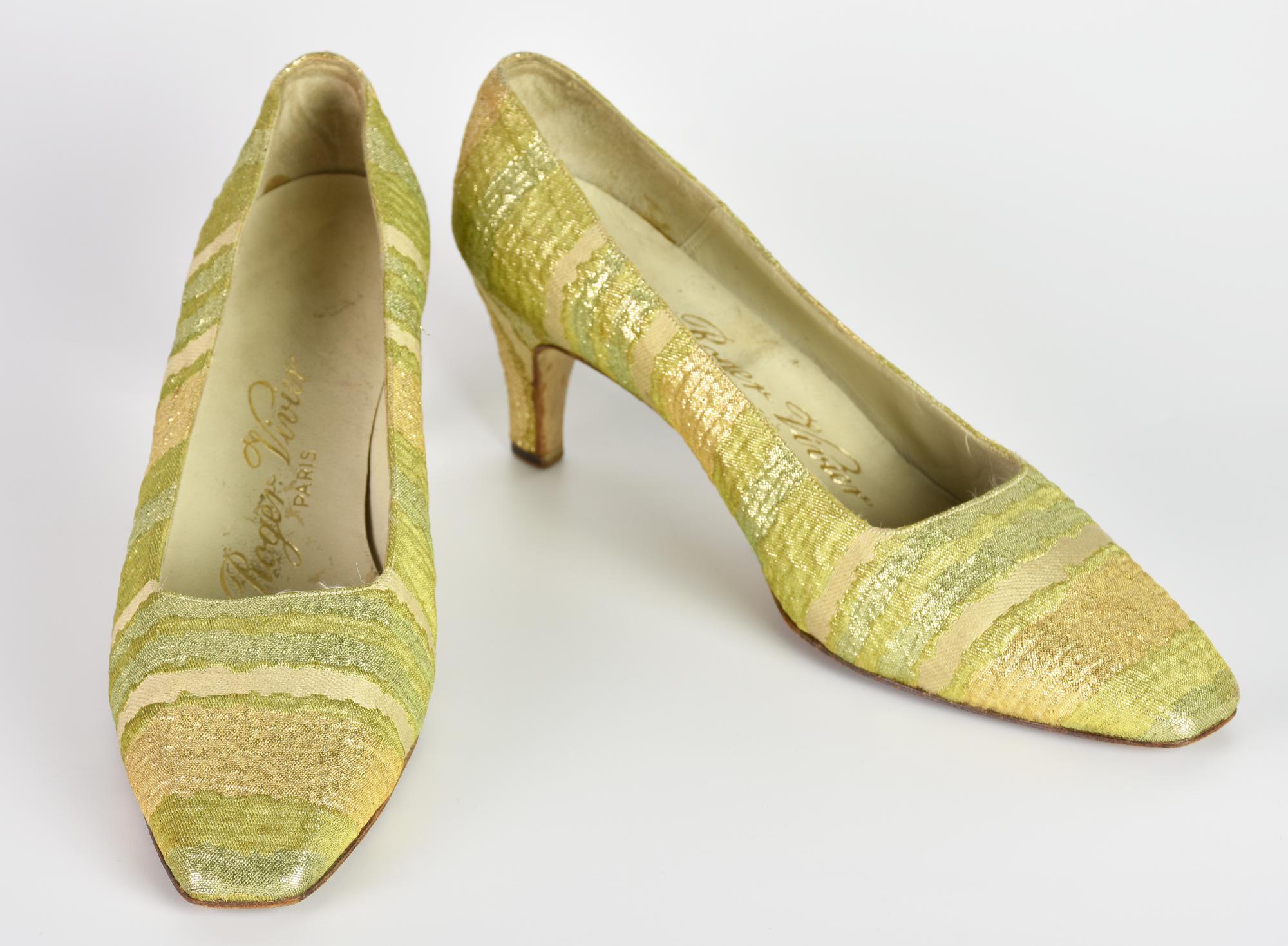 Roger Vivier SHOES DESCRIPTION: Acid green striped lame' fabric shoes. Heels...