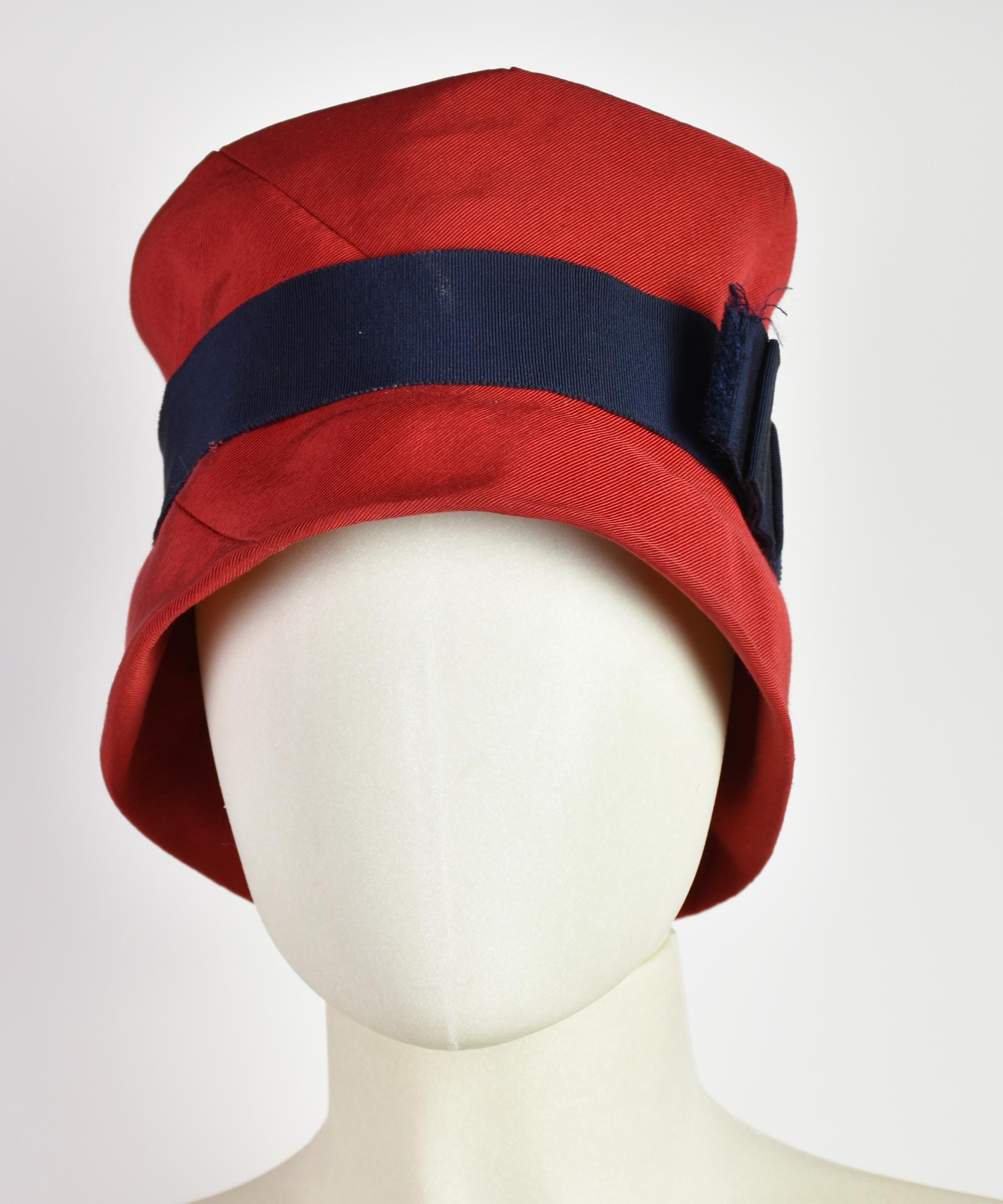 Christian Dior RED HAT DESCRIPTION: Red gros fabric hat with blue ribbon....