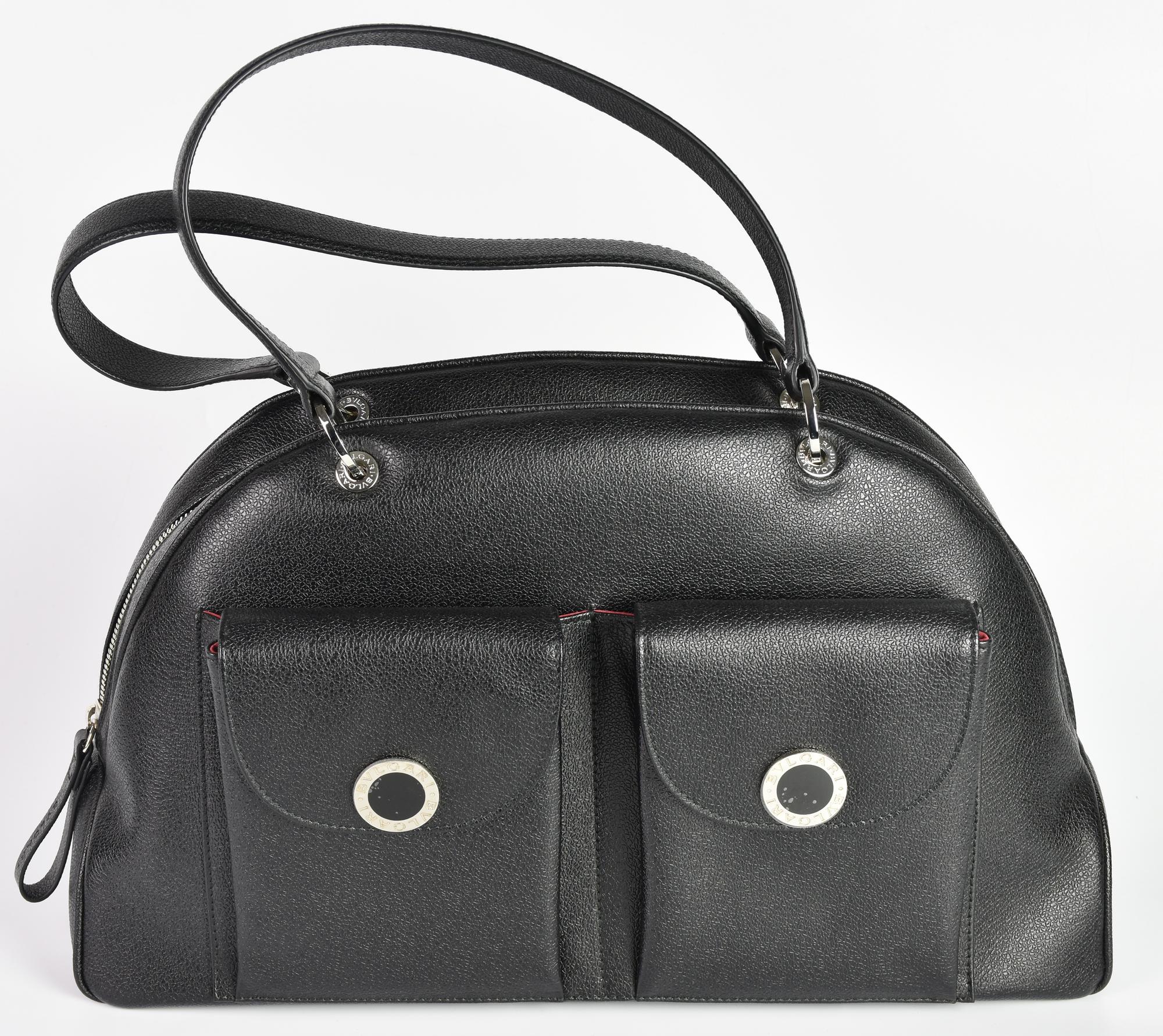 Bulgari BLACK LEATHER HANDBAG DESCRIPTION: Black leather handbag with two...