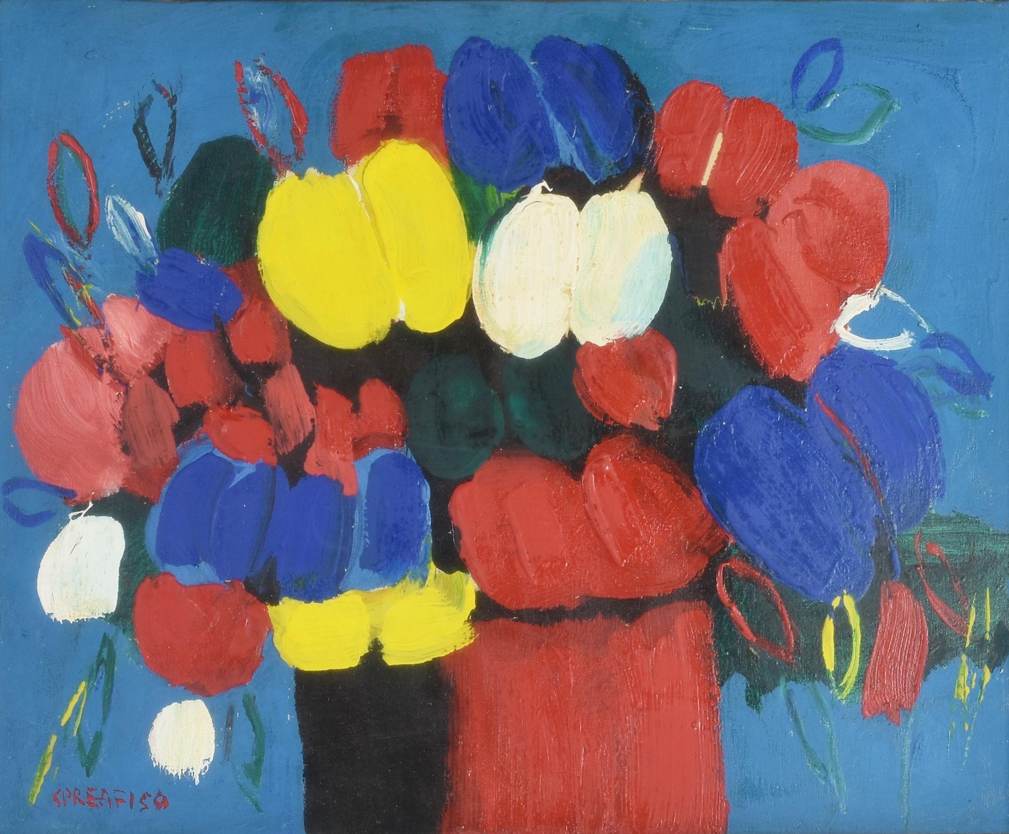 Leonardo Spreafico FIORI FONDO BLU olio su tela, cm 30x40 firma sul retro:...