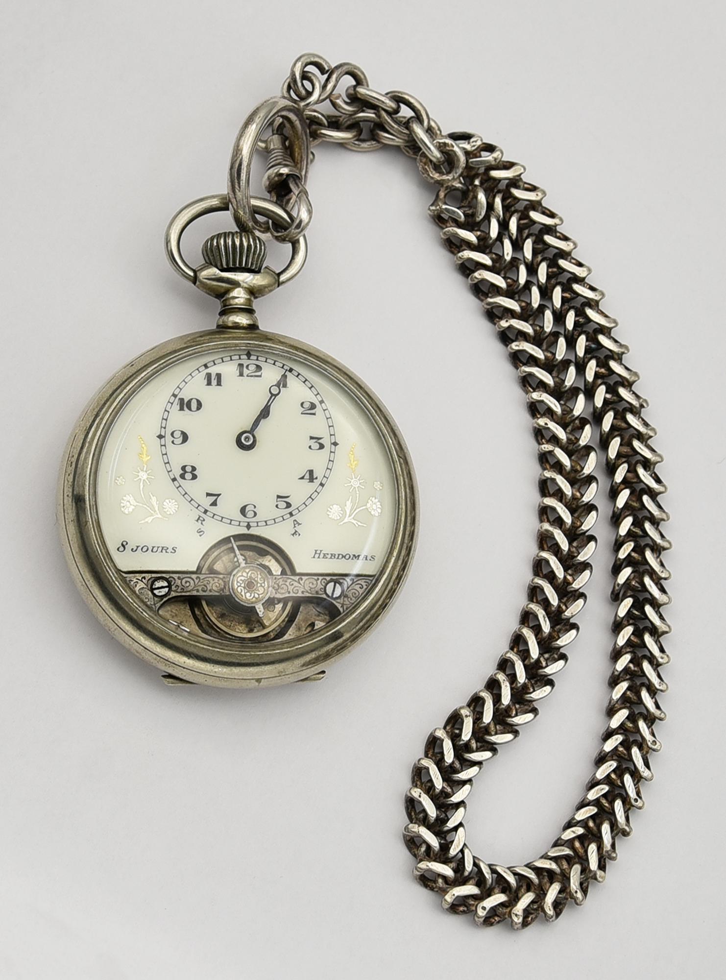 Orologio da tasca in metallo Hebdomas, catena in argento, 1850 CASSA: in...