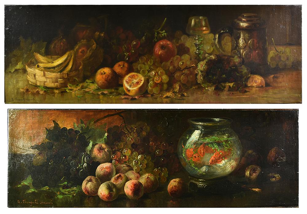 Adolfo Feragutti Visconti COPPIA DI NATURE MORTE olio su tela, cm 30x91...